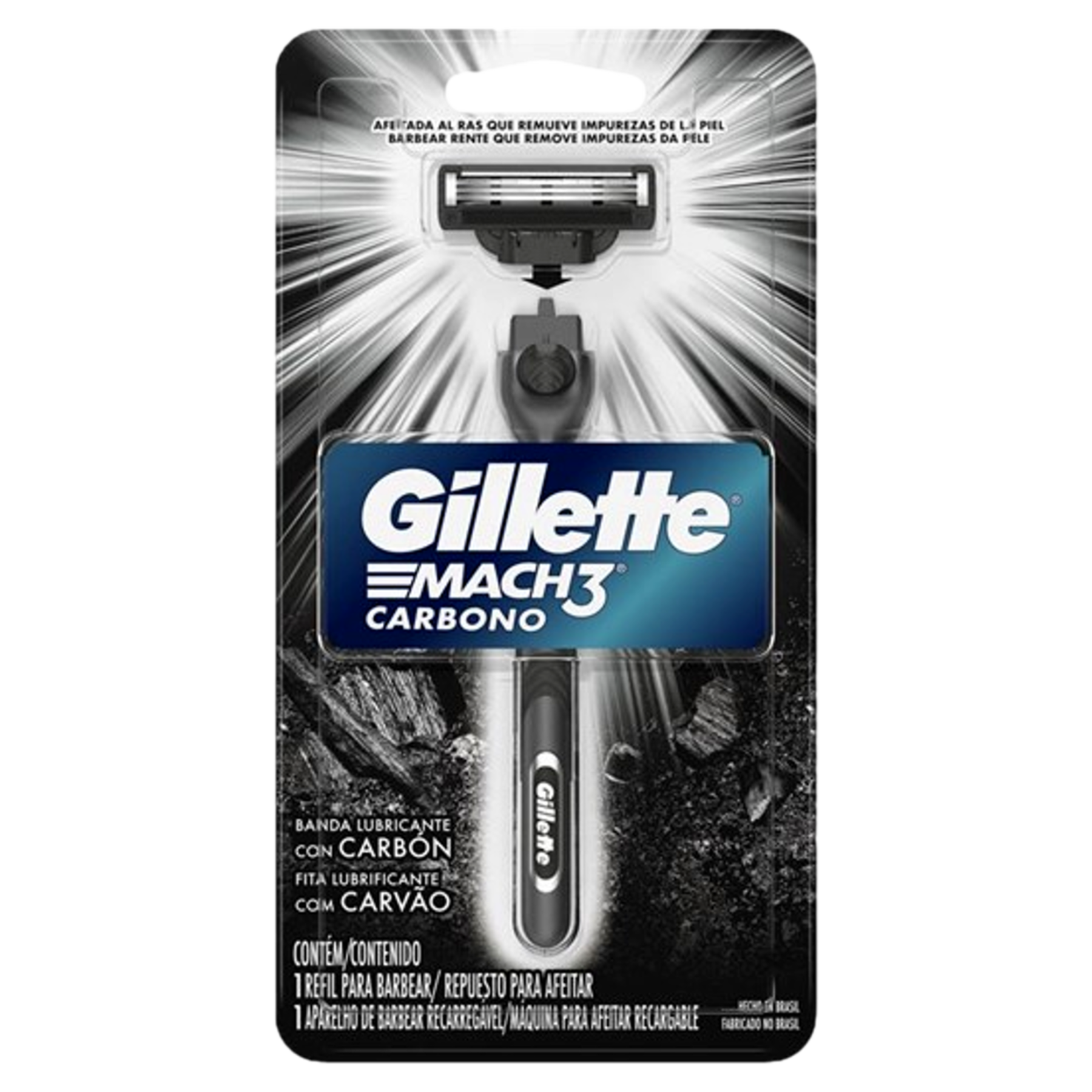 Aparelho Recarregável e Carga para Barbear Mach3 Carbono Gillette