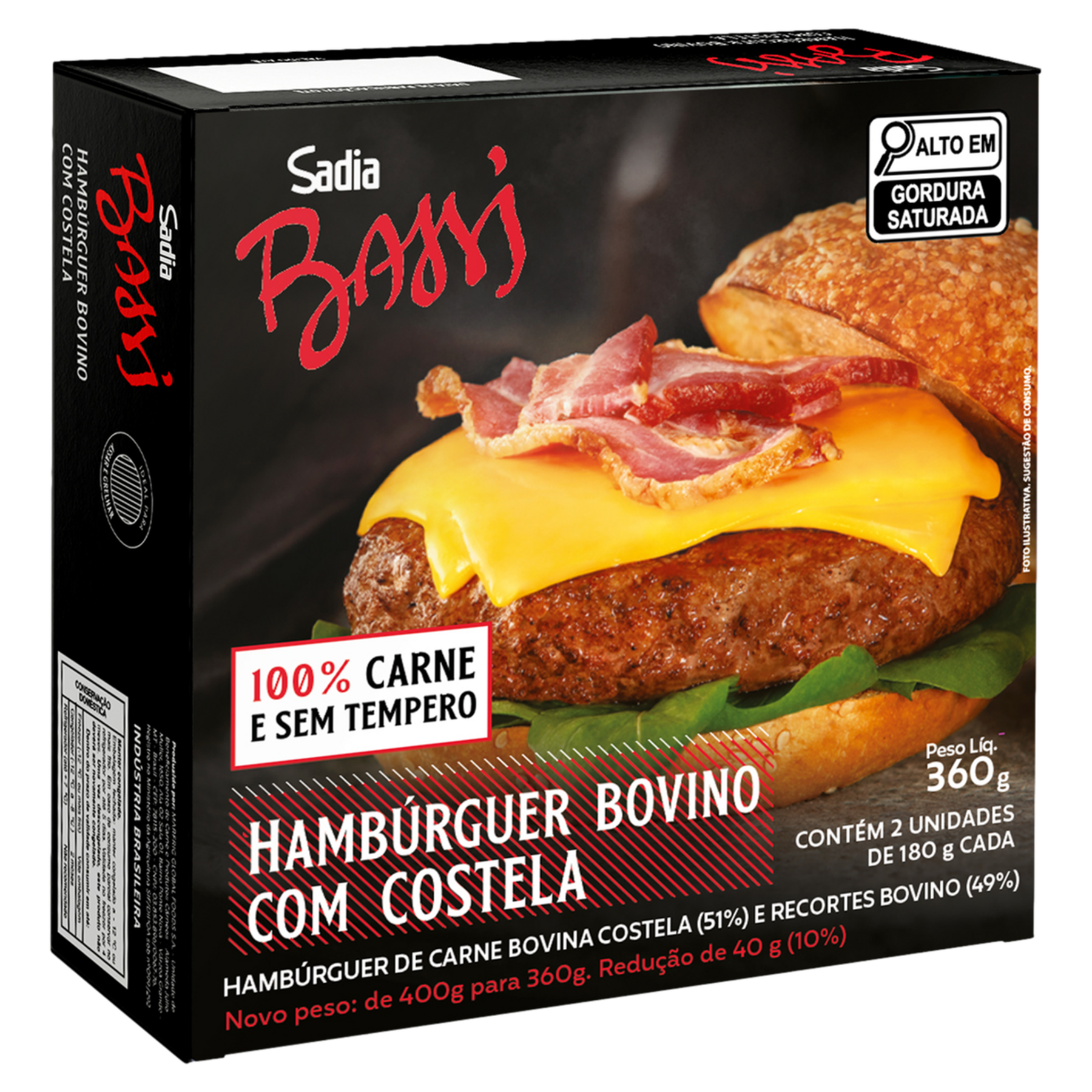 Hamb&uacute;rguer de Carne Bovina Costela Bassi Sadia Caixa 360g C/2 Unidades