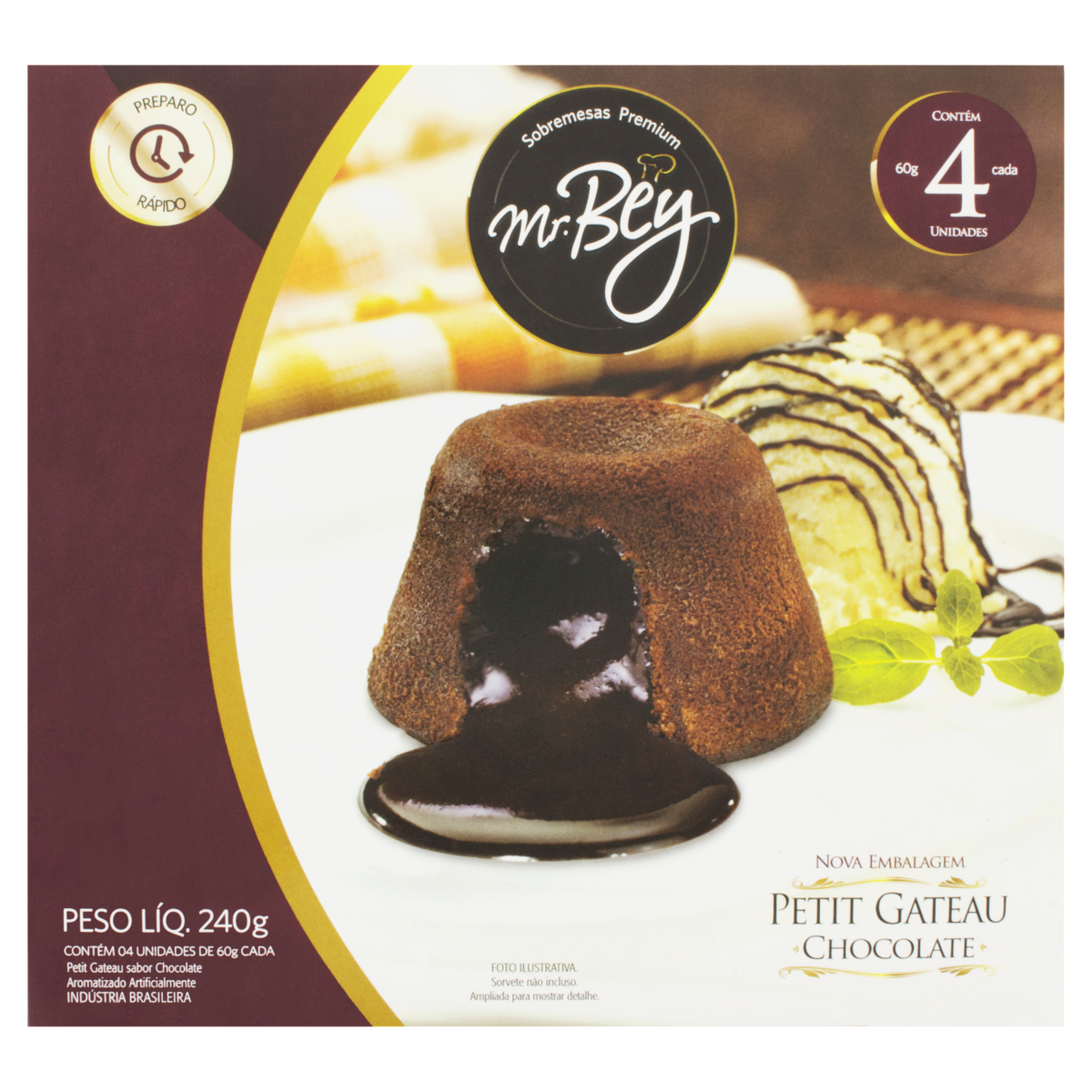 Petit Gâteau Congelado Chocolate Mr. Bey Caixa 240g C/4 Unidades