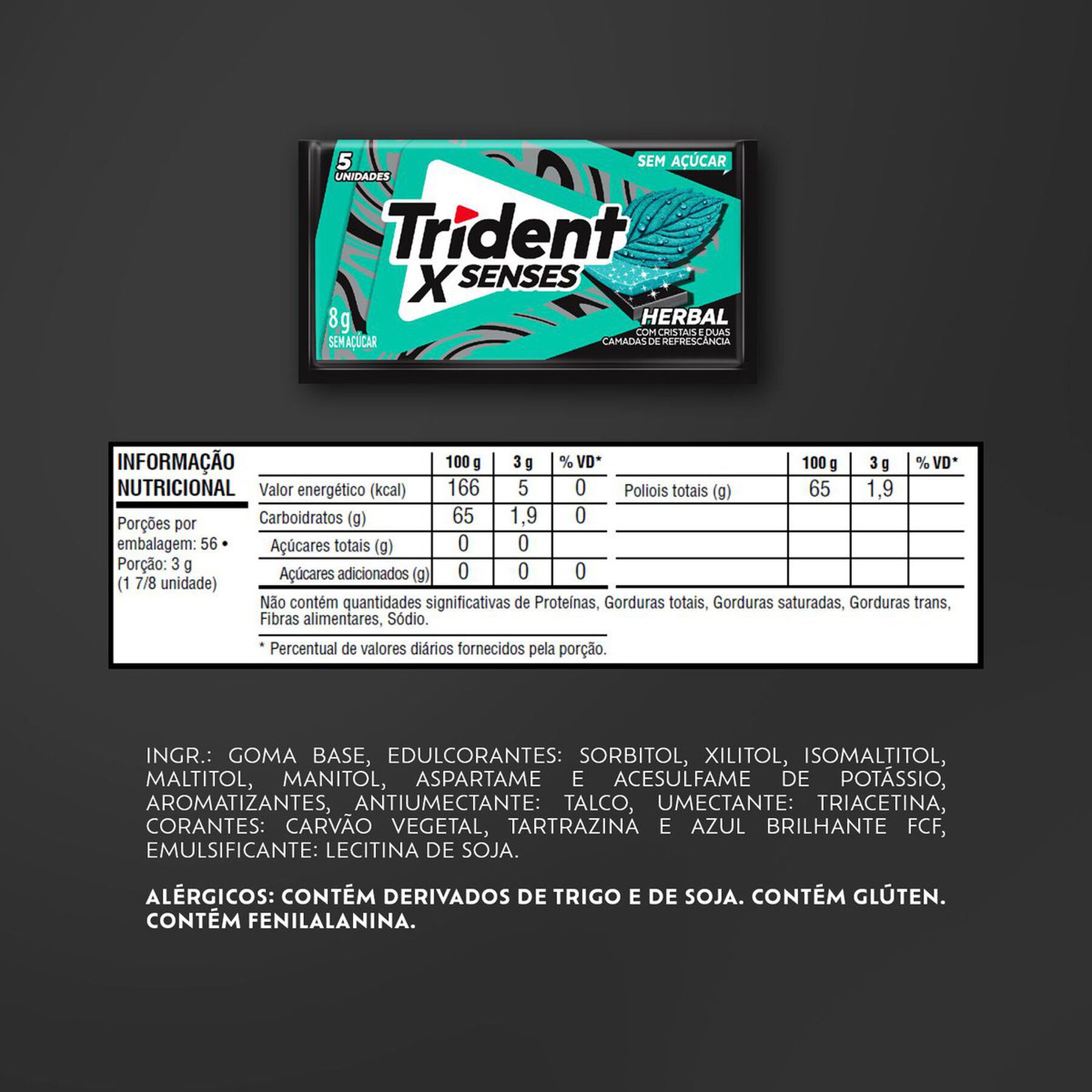 Chiclete Trident XSenses Herbal Sem Açúcar 8g - Embalagem com 5 unid.