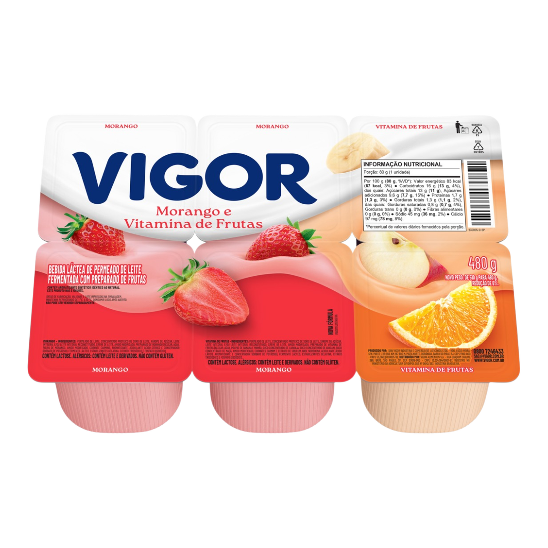 Bebida L&aacute;ctea Fermentada Morango + Vitamina de Frutas Vigor Bandeja 480g 6 Unidades