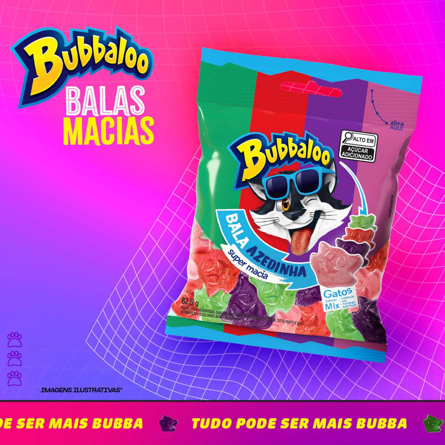 Bala Azedinha Sortida Gatos Bubbaloo Pacote 82,5g