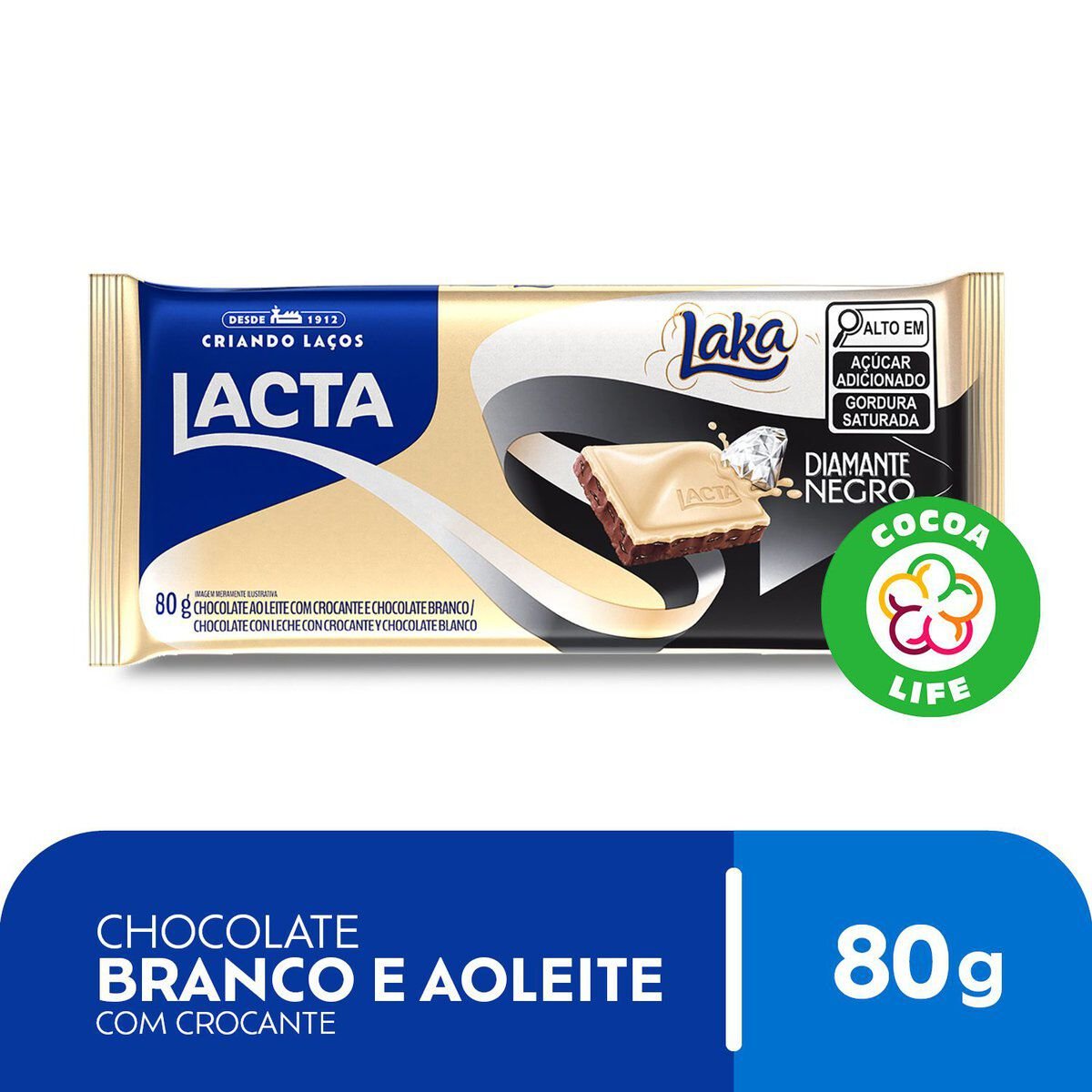 Barra de Chocolate ao Leite e Branco Diamante Negro + Laka Lacta Pacote 80g
