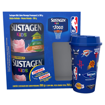 Preparo de Bebida em Pó Morango Sustagen Kids Caixa 760g C/2 Unidades - Embalagem Grátis Copo Exclusivo NBA