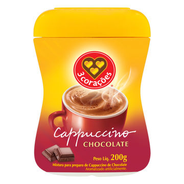 Cappuccino Solúvel Chocolate 3 Corações Pote 200g