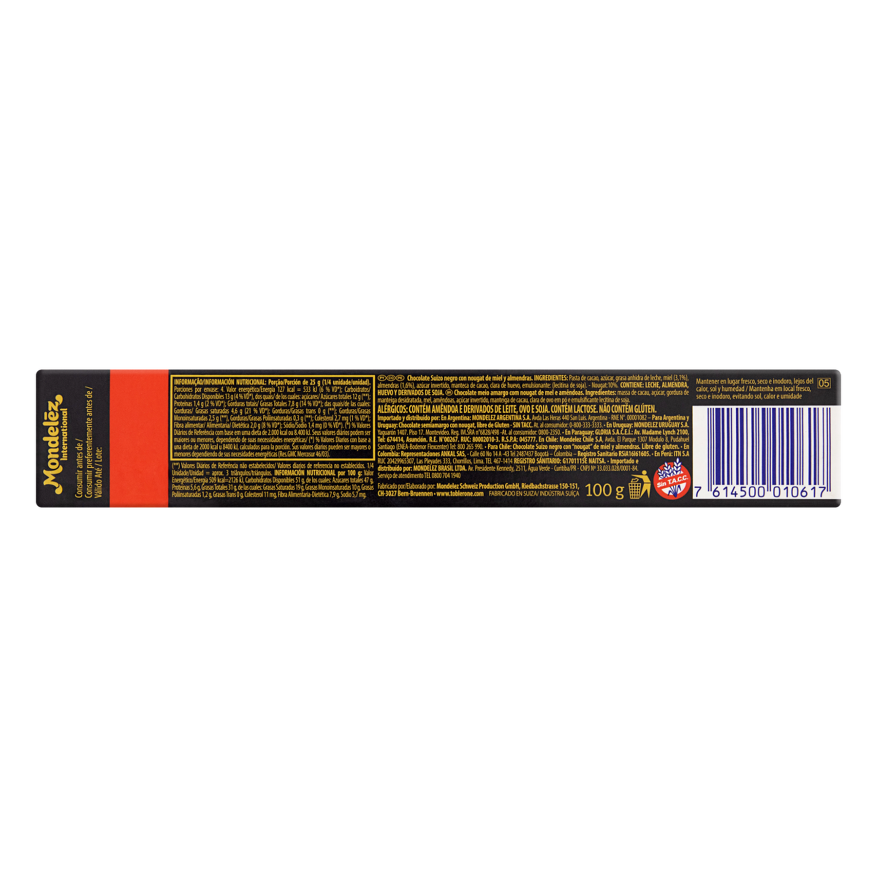 Chocolate Meio Amargo Nougat de Mel e Am&ecirc;ndoas Toblerone Caixa 100g
