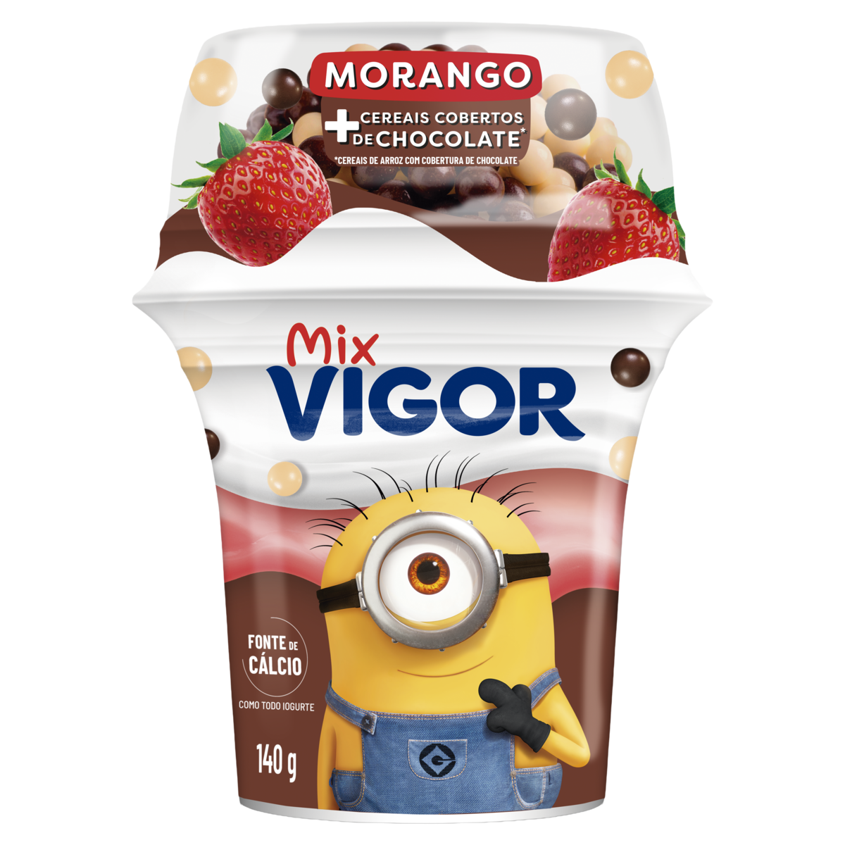 Iogurte Morango + Cereais Cobertos de Chocolate Vigor Mix Copo 140g