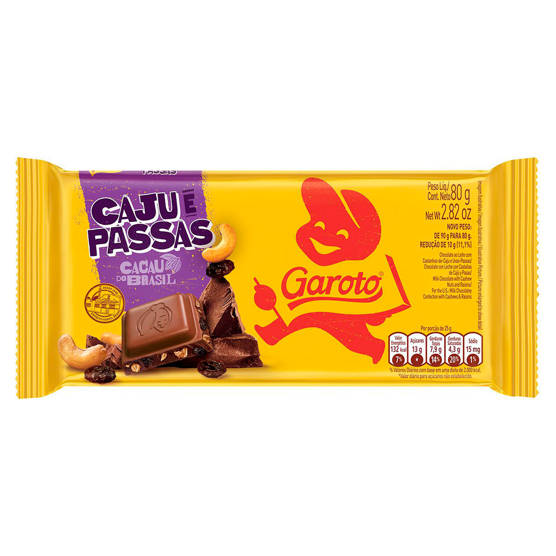 Chocolate ao Leite Caju e Passas Garoto Pacote 80g&nbsp;