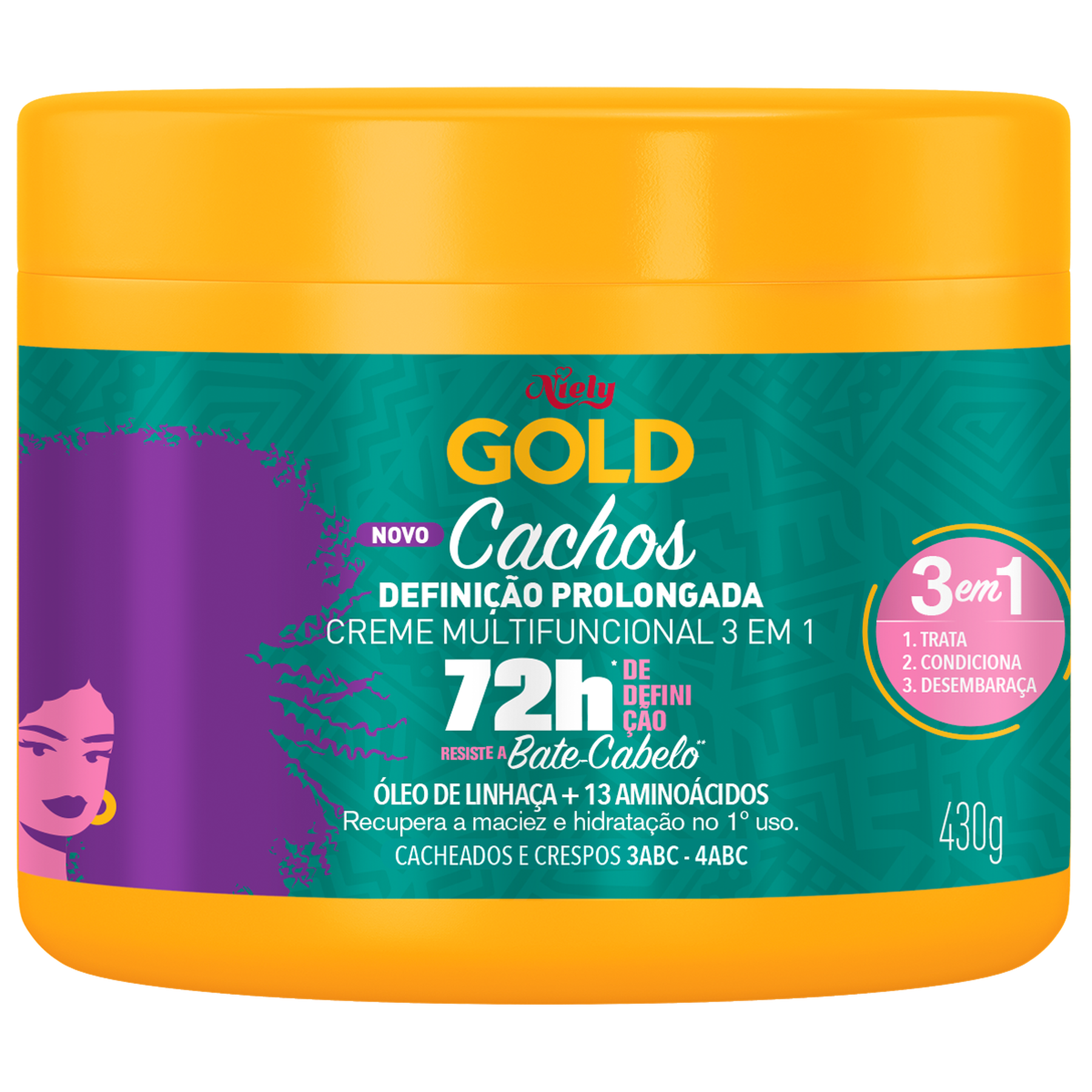 Creme Multifuncional 3 em 1 Cachos Definição Prolongada Niely Gold Pote 430g