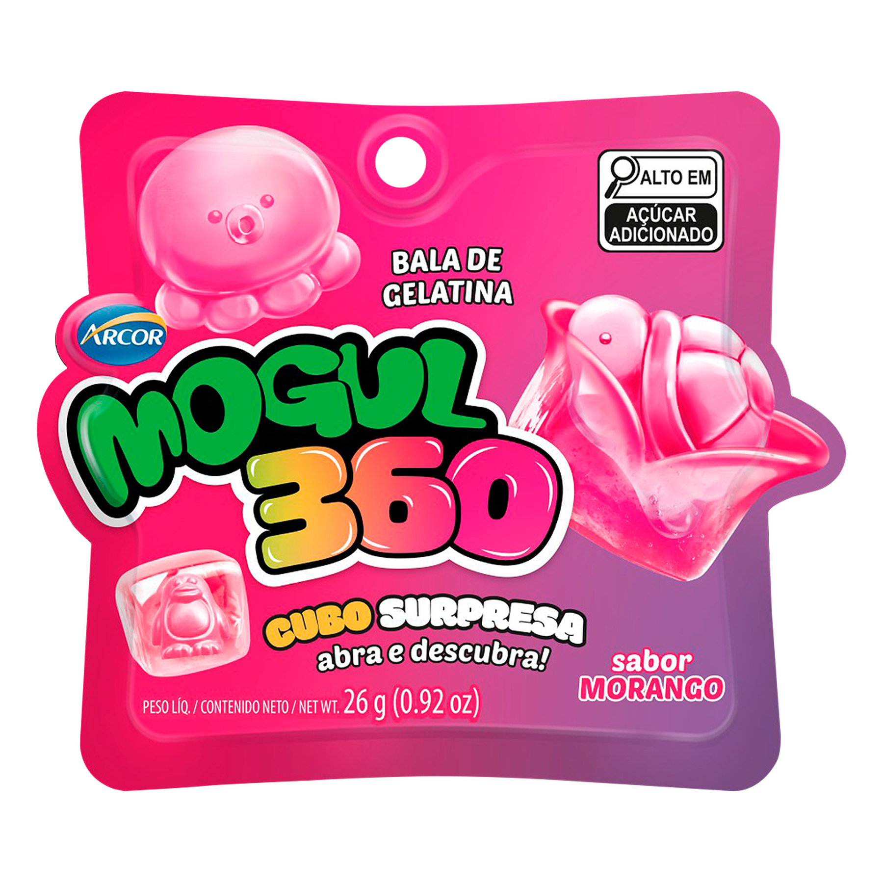 Bala de Gelatina Cubo Surpresa Morango Mogul 360 Arcor 26g