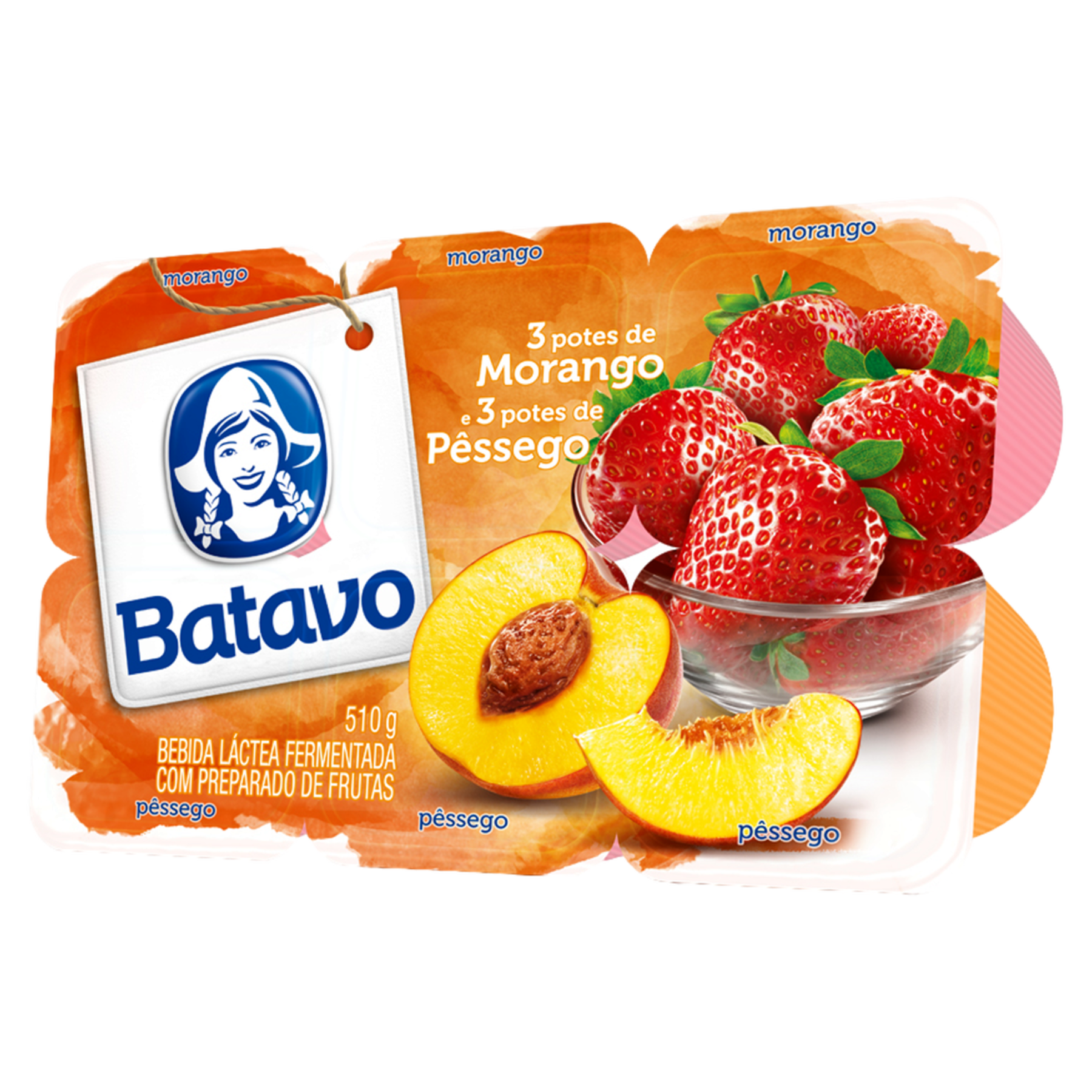 Bebida L&aacute;ctea Fermentada Morango + P&ecirc;ssego Batavo Bandeja 510g C/6 Unidades