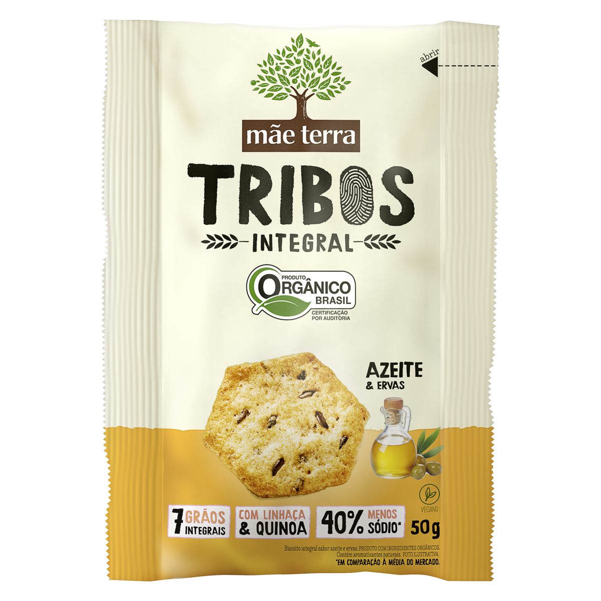 Biscoito Integral Org&acirc;nico Azeite & Ervas M&atilde;e Terra Tribos Pacote 50g