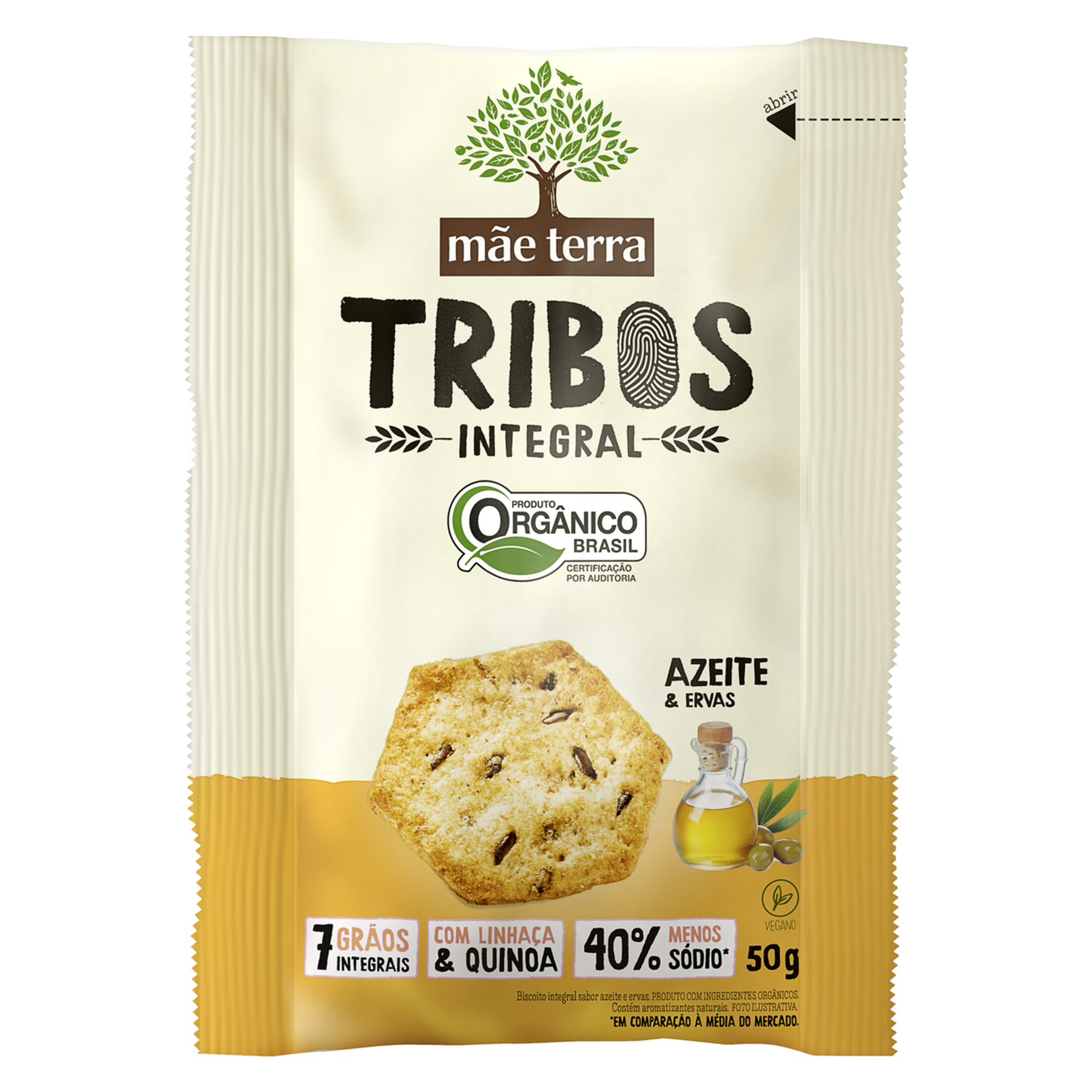 Biscoito Integral Org&acirc;nico Azeite & Ervas M&atilde;e Terra Tribos Pacote 50g