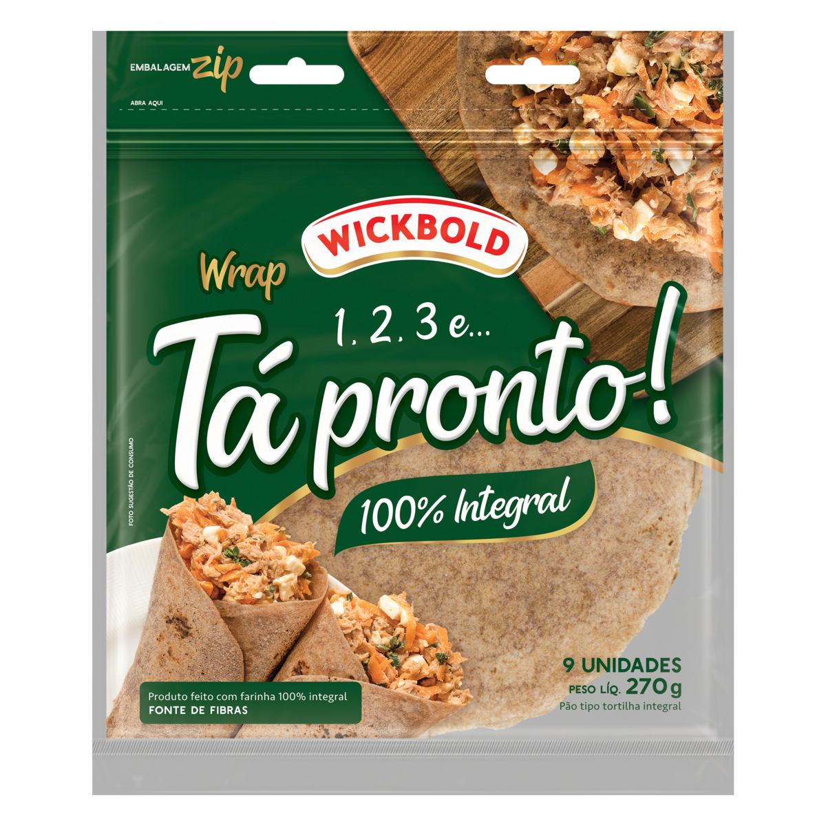 P&atilde;o Tortilha Integral Wrap 100% Nutri&ccedil;&atilde;o Wickbold T&aacute; Pronto! Pouch 270g