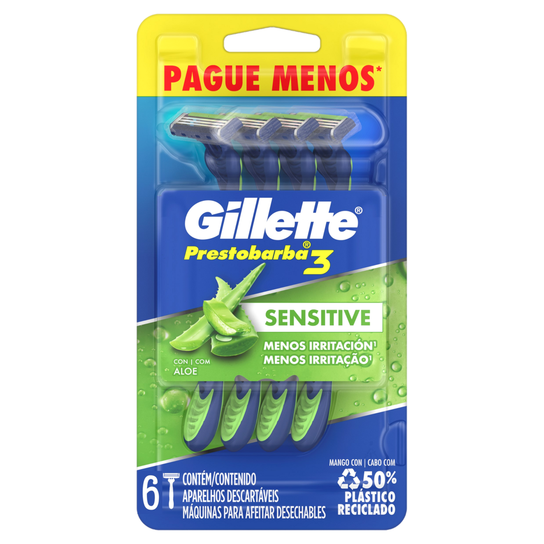 Aparelho Descart&aacute;vel para Barbear Gillette Prestobarba3 Sensitive C/6 Unidades - Embalagem Pague Menos