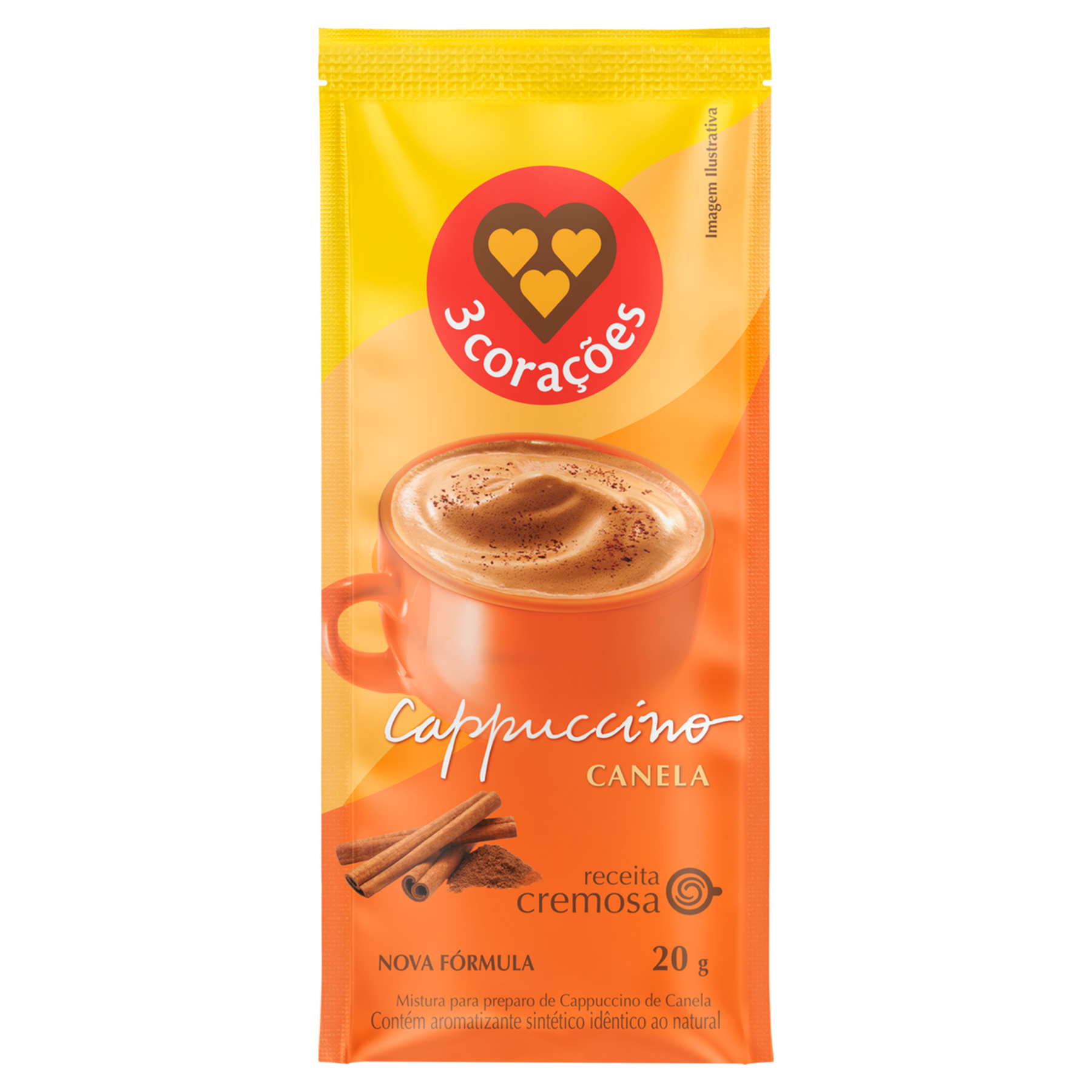 Cappuccino Sol&uacute;vel Canela 3 Cora&ccedil;&otilde;es Envelope 20g
