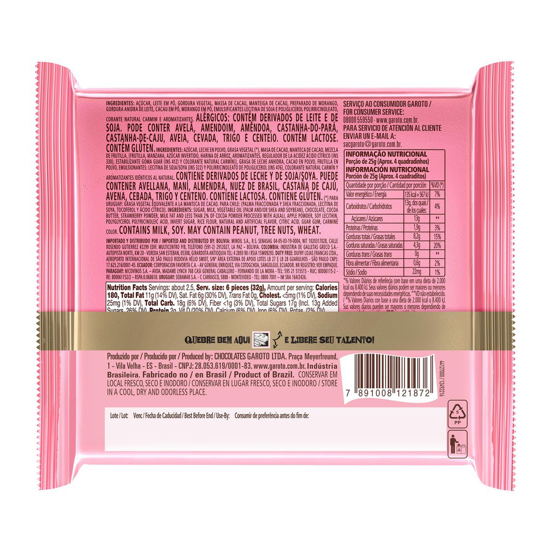 Chocolate ao Leite Recheio Morango Garoto Talento Pacote 85g