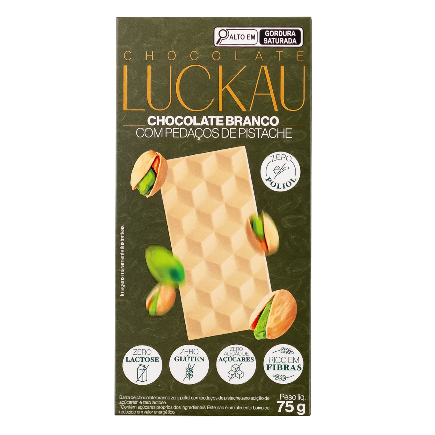 Chocolate Branco com Peda&ccedil;os de Pistache Zero Luckau 75g&nbsp;