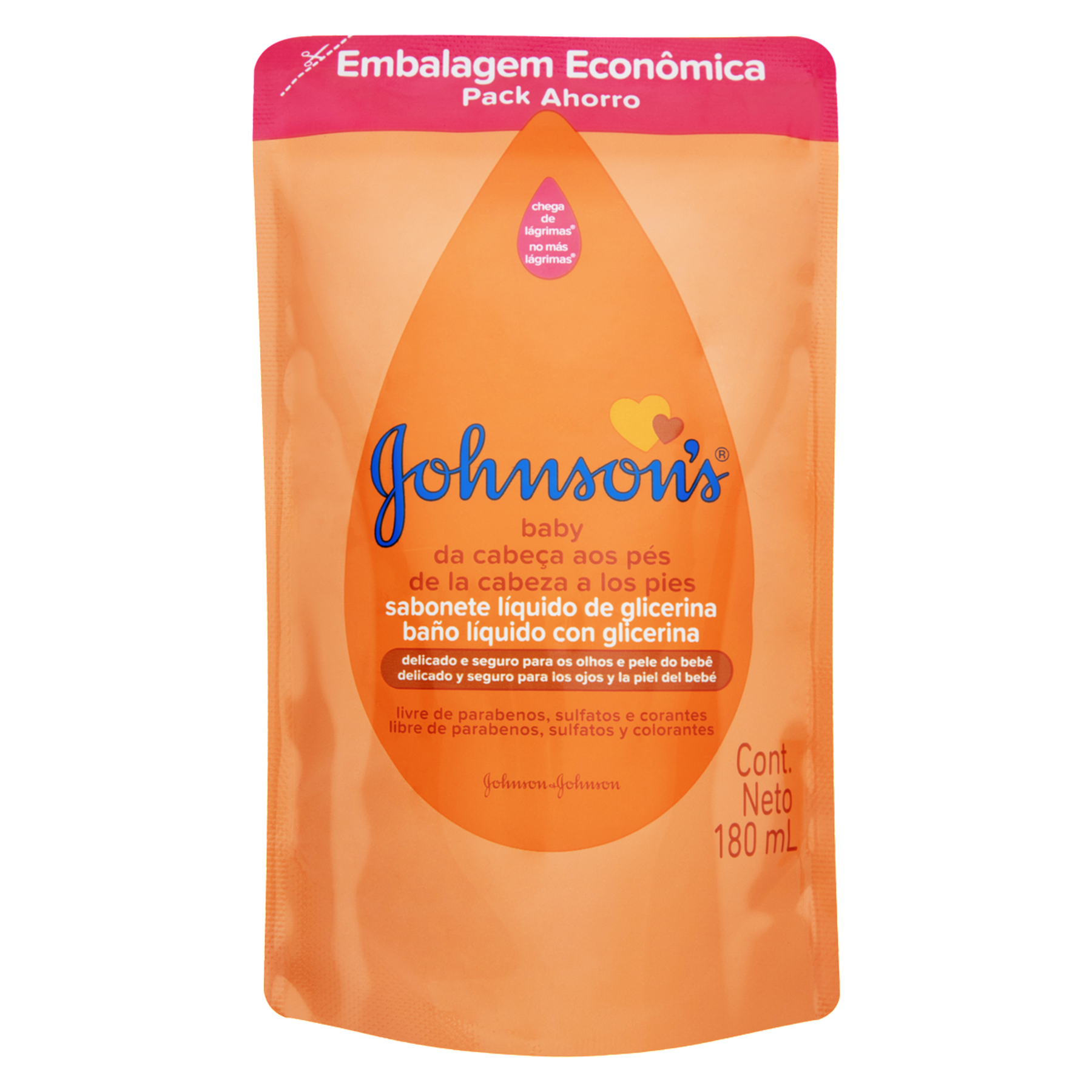 Sabonete Líquido de Glicerina da Cabeça aos Pés Johnsons Baby Sachê 180ml Refil Embalagem Econômica