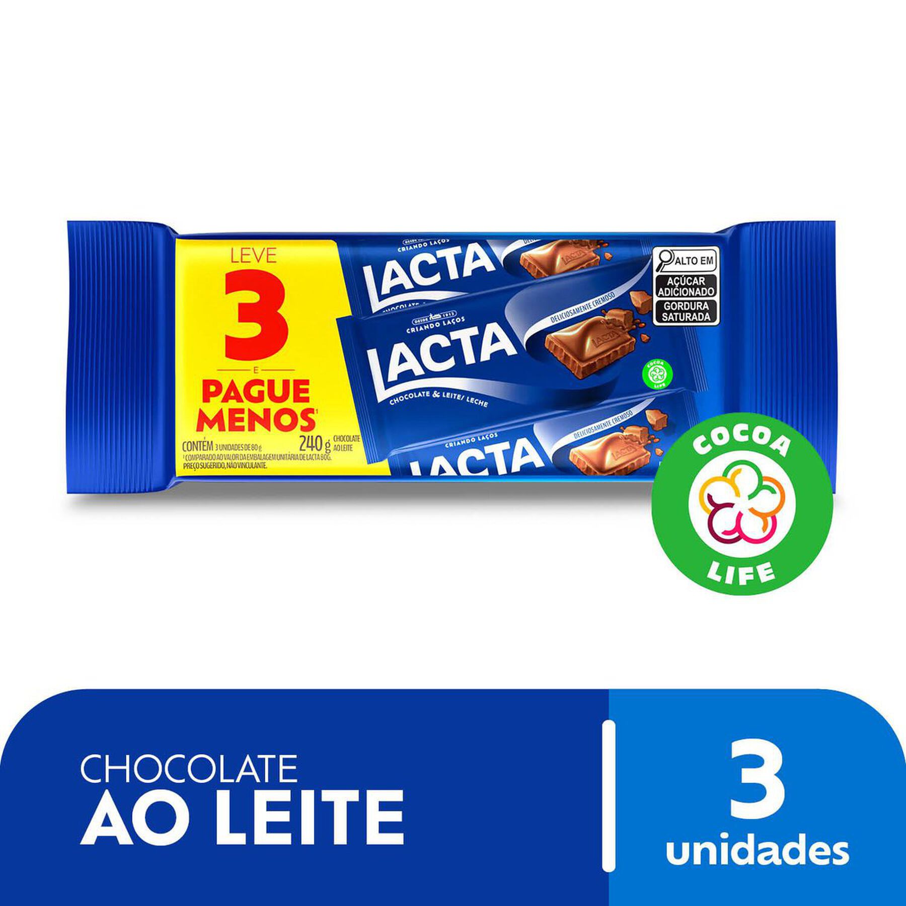 Chocolate ao Leite Lacta 240g C/3 Unidades - Embalagem Leve 3 Pague Menos