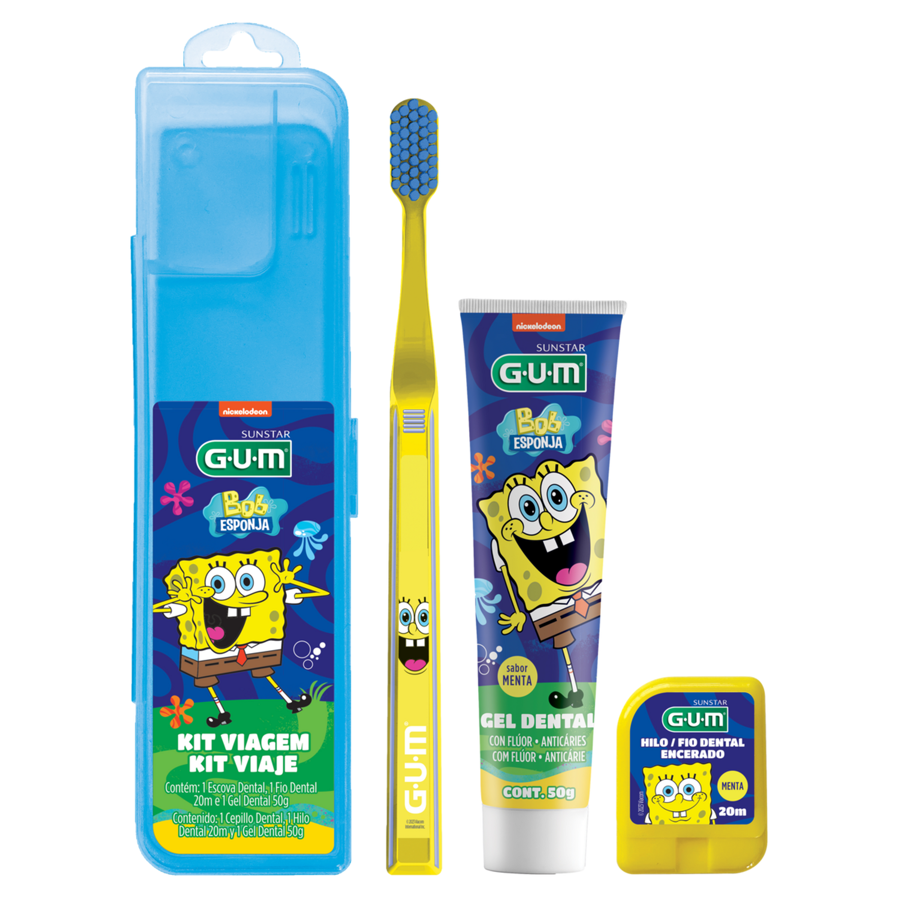 Kit Escova Dental Macia + Fio Dental Encerado Menta 20m + Gel Dental Menta 50g Juvenil Bob Esponja Gum