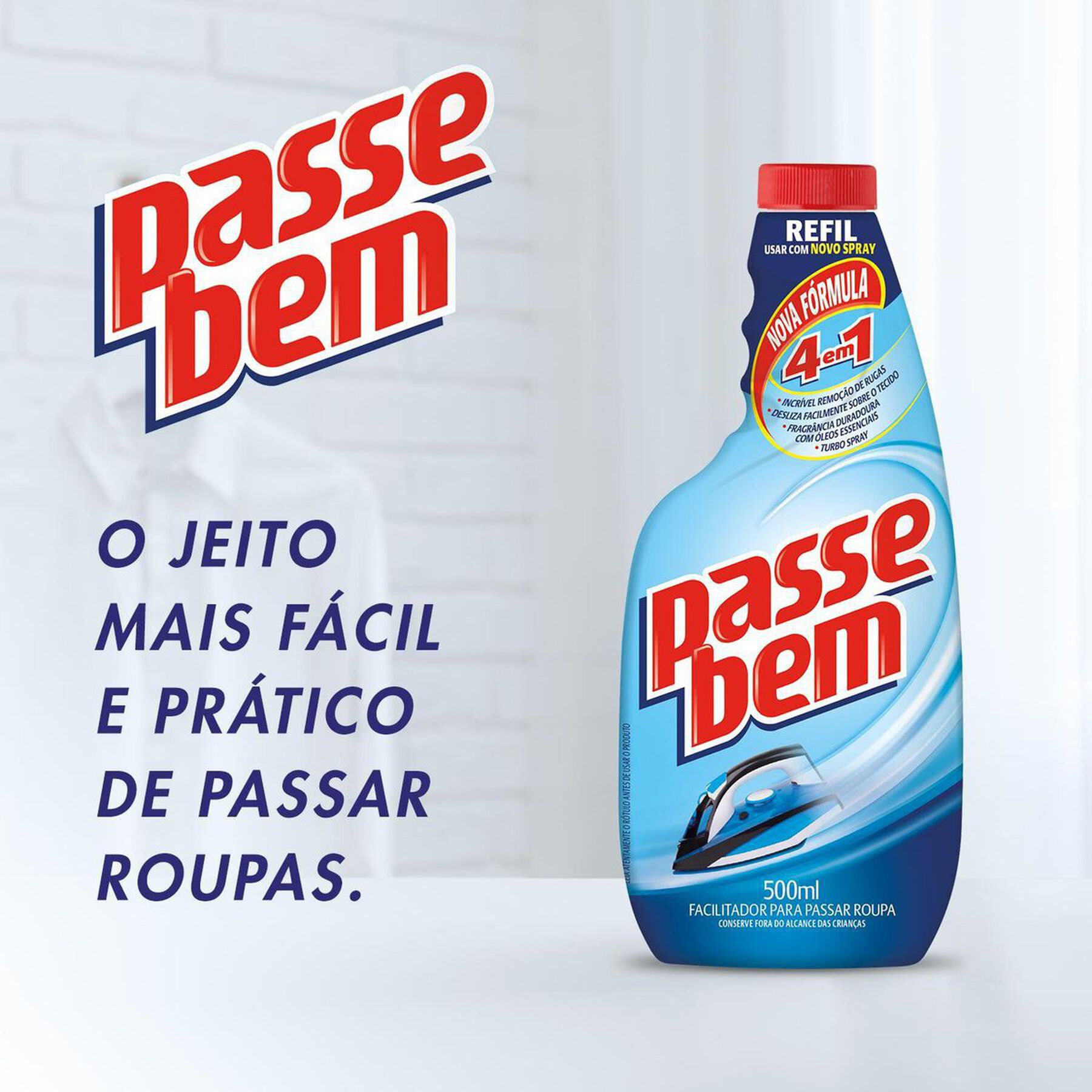 Facilitador de Passar Roupas Líquido Passe Bem Frasco 500ml Refil