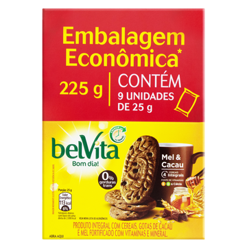 Biscoito Integral Mel & Cacau Belvita Caixa 225g 9 Unidades Embalagem Econômica