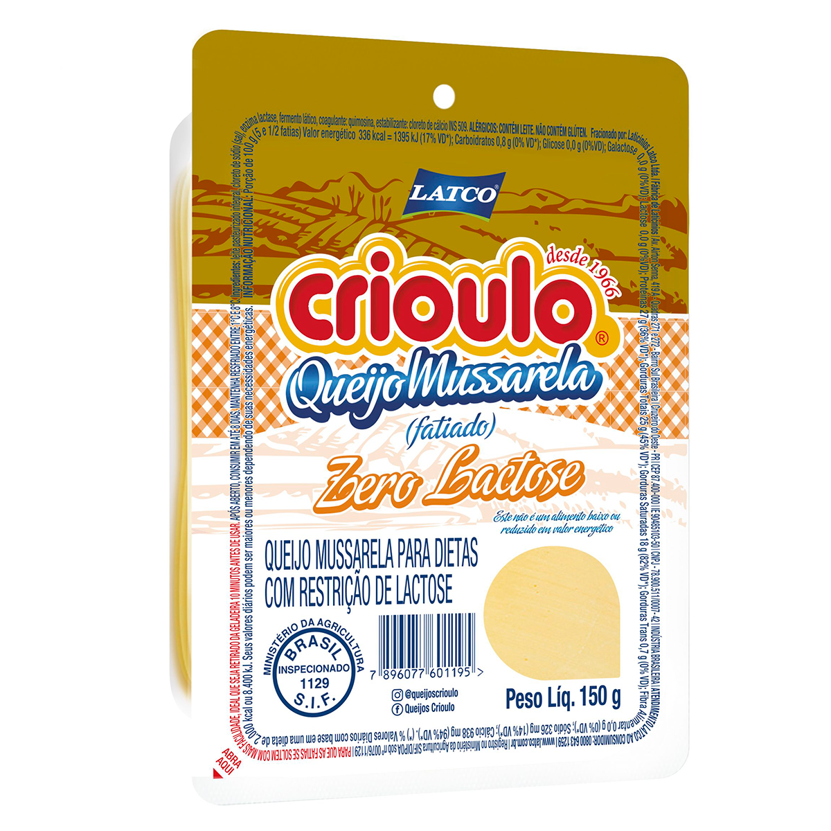 Queijo Mussarela Zero Lactose Crioulo Fatiado 150g