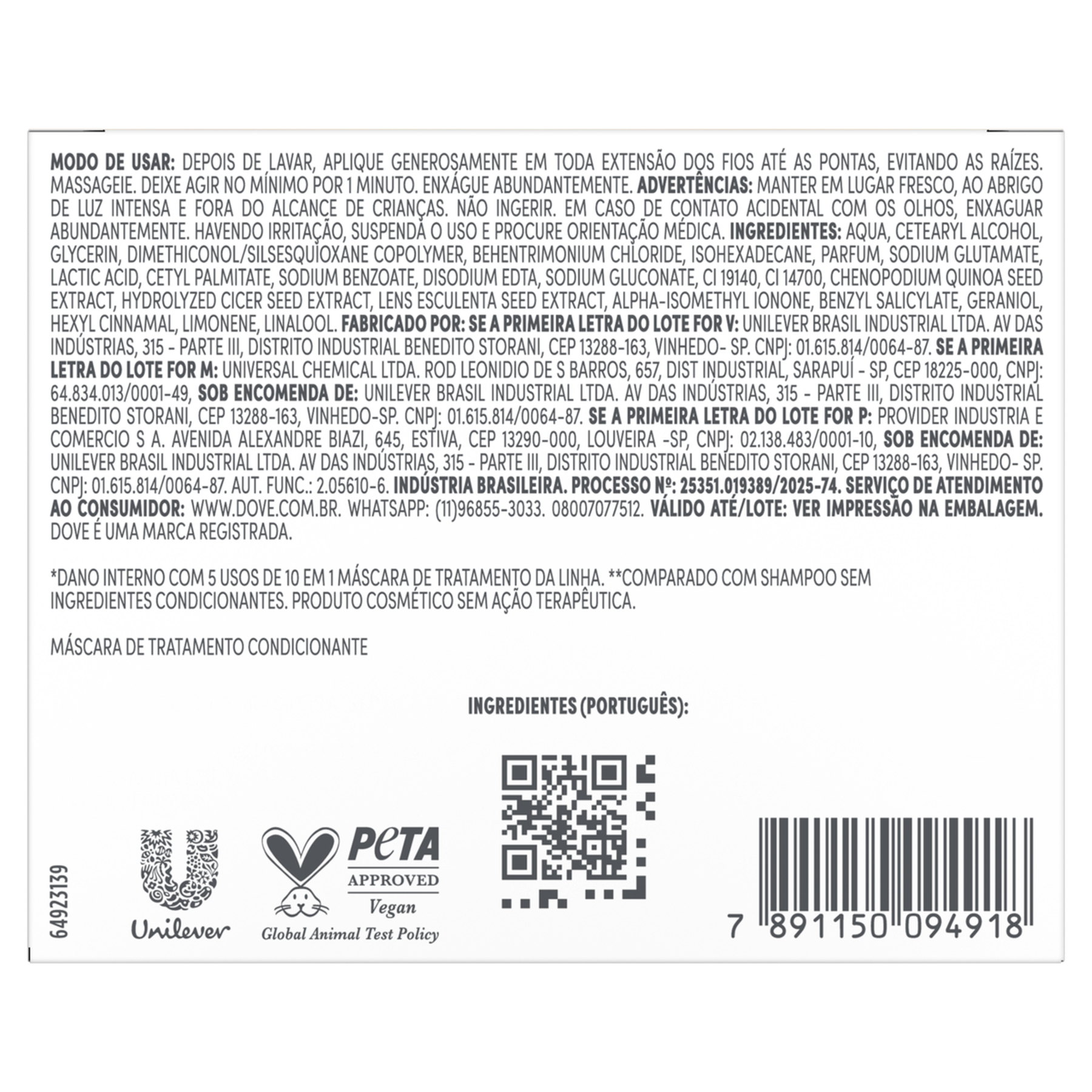 Máscara de Tratamento  Reconstrução + Aminoácido Dove Caixa 270g