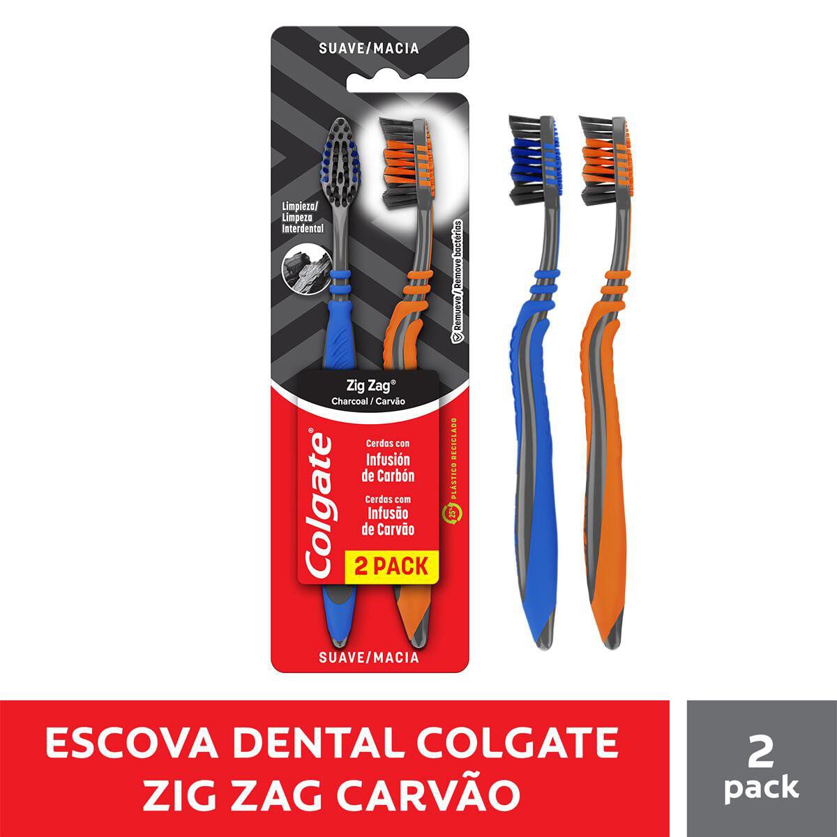 Escova Dental Macia Infus&atilde;o de Carv&atilde;o Zig Zag Colgate C/2 Unidades