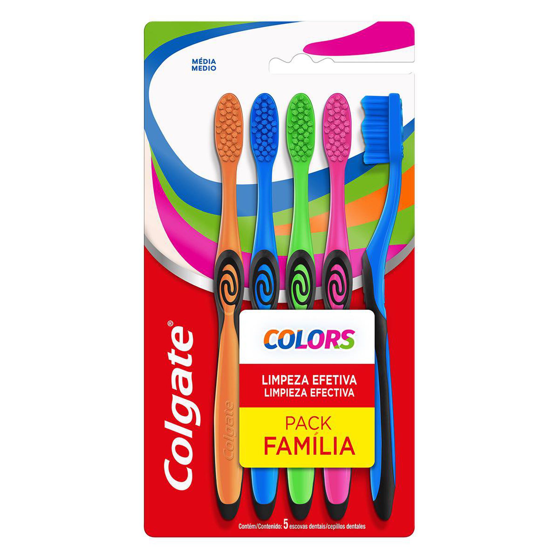 Escova Dental M&eacute;dia Limpeza Efetiva Colors Colgate C/05 Unidades&nbsp;