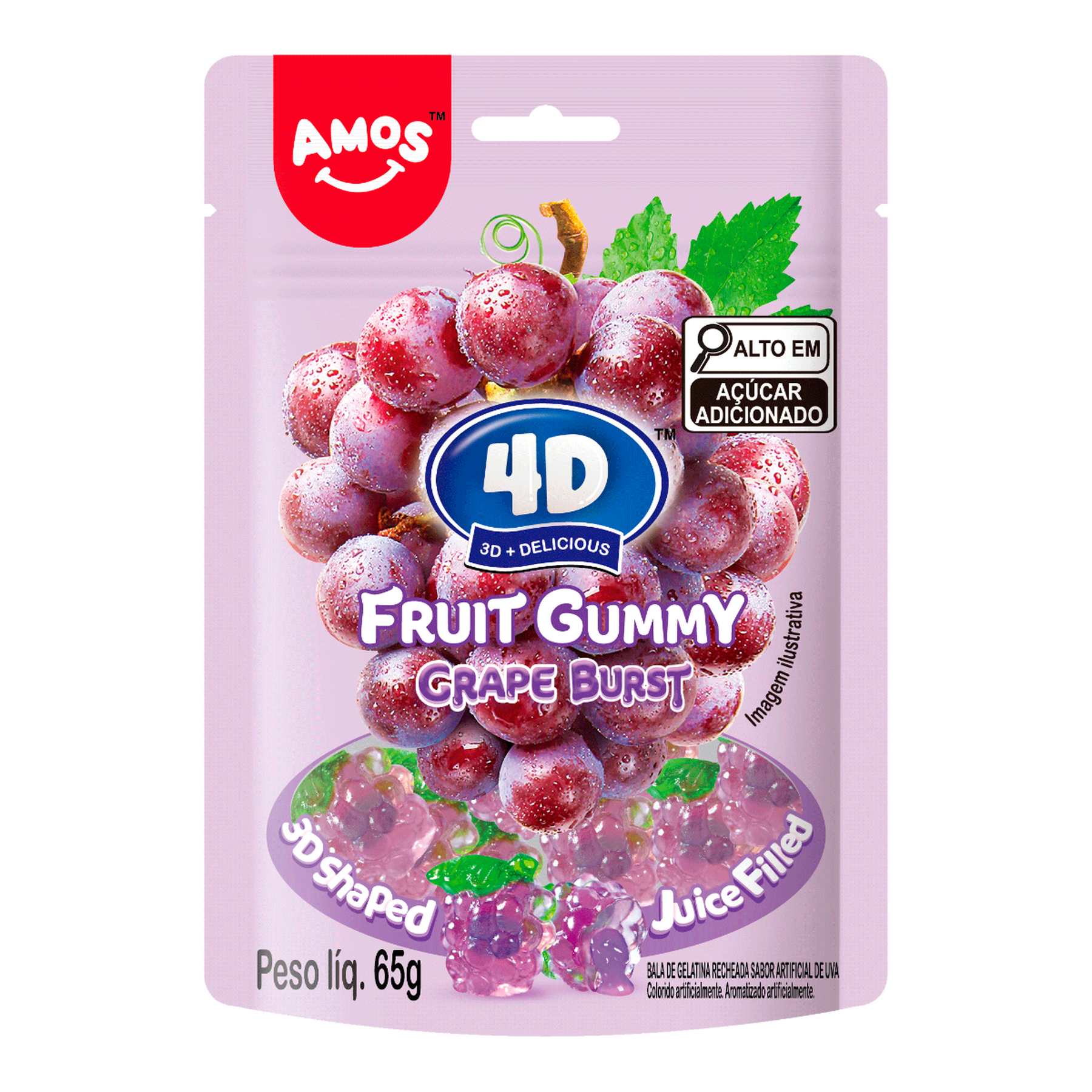 Bala de Gelatina 4D Uva Fruit Gummy Amos Pacote 65g