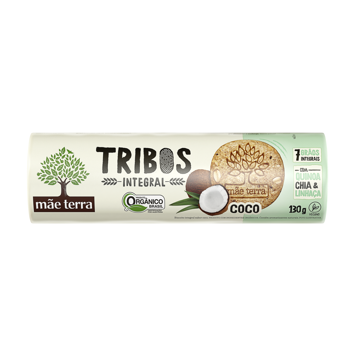 Biscoito Integral Org&acirc;nico Coco Tribos M&atilde;e Terra Pacote 130g