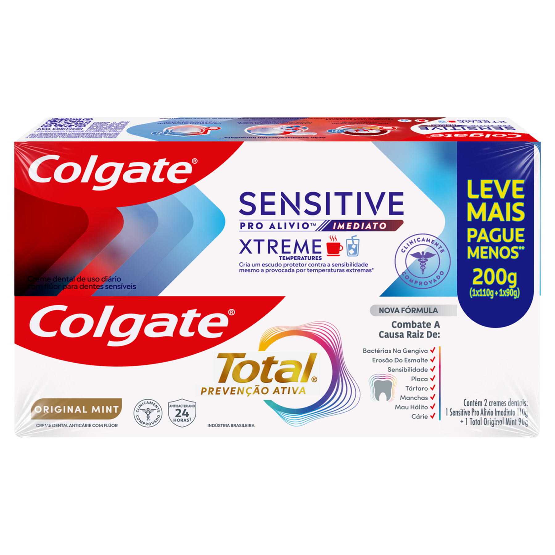 Creme Dental Xtreme Sensitive Pro-Al&iacute;vio Imediato 110g + Original Mint Total Preven&ccedil;&atilde;o Ativa 90g Colgate - Embalagem Leve Mais Pague  Menos&nbsp;