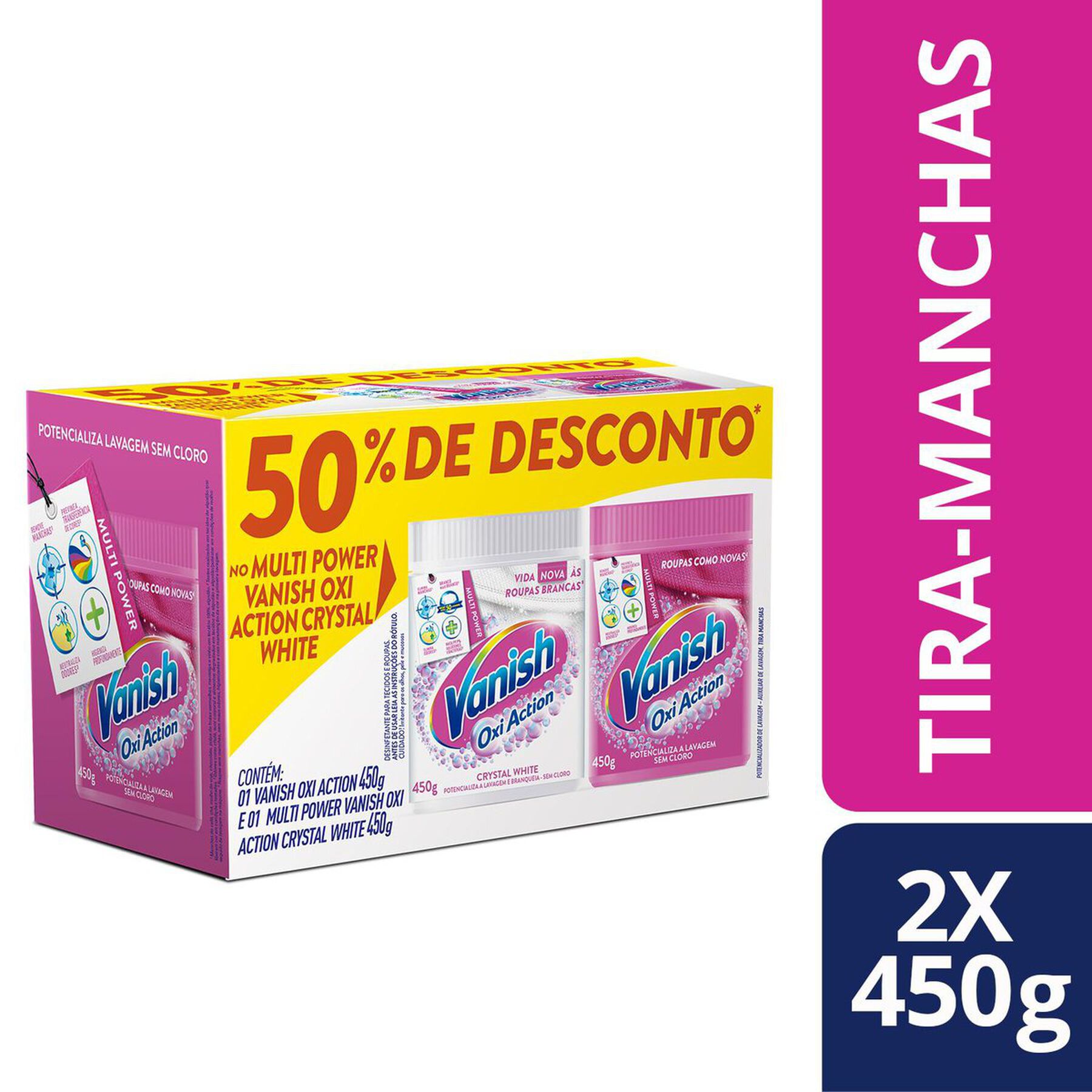 Tira Manchas em Pó Roupas Brancas Crystal White + Coloridas Multi Power Vanish Oxi Action 450g Cada