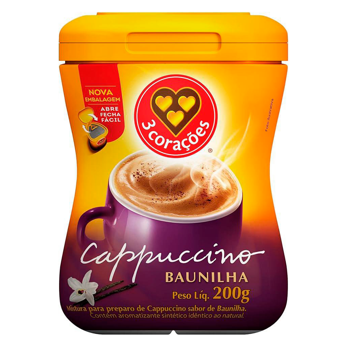 Cappuccino Sol&uacute;vel Baunilha 3 Cora&ccedil;&otilde;es Pote 200g&nbsp;