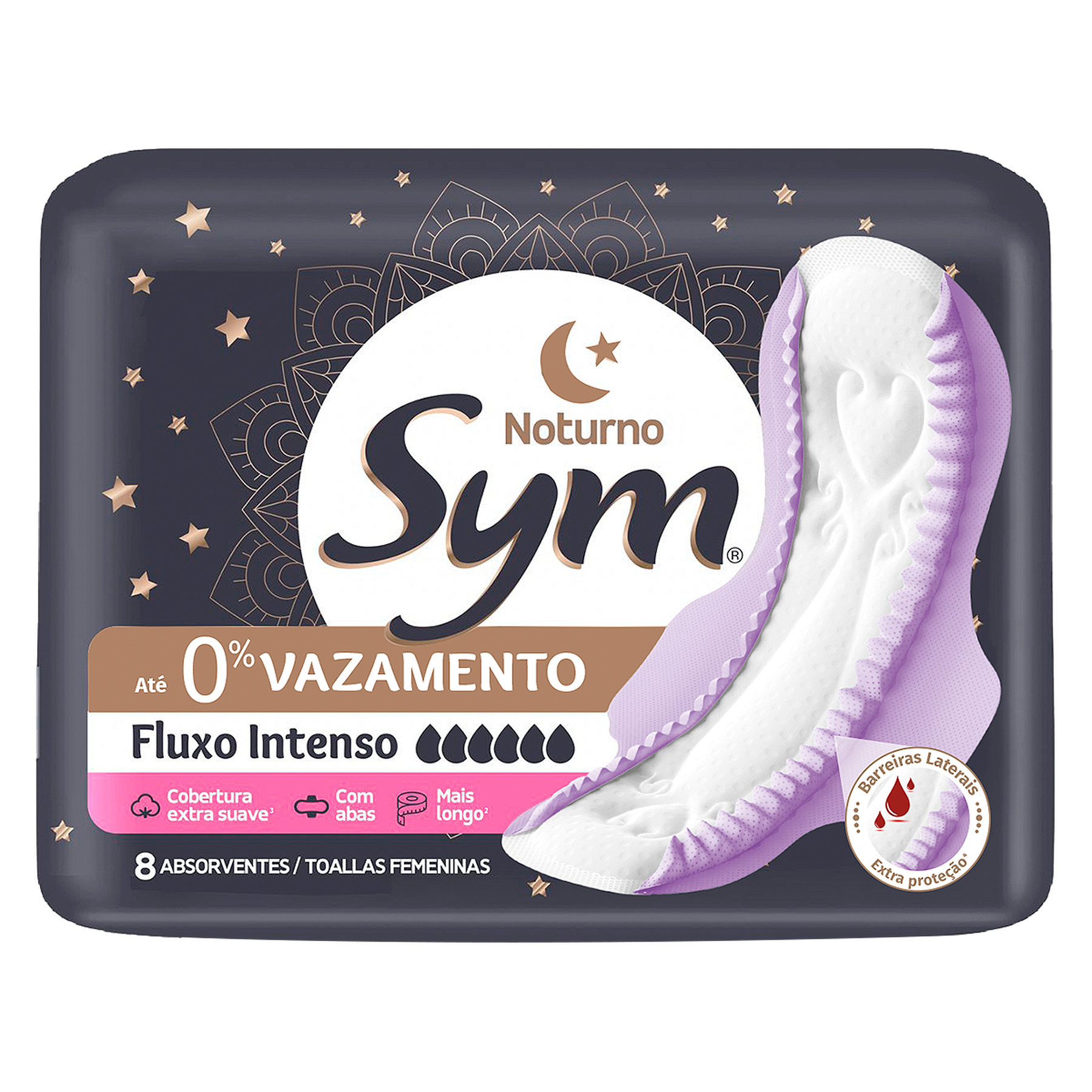 Absorvente com Abas Noite e Dia Ultrarrespir&aacute;vel Suave Premium Sym Pacote 8 Unidades