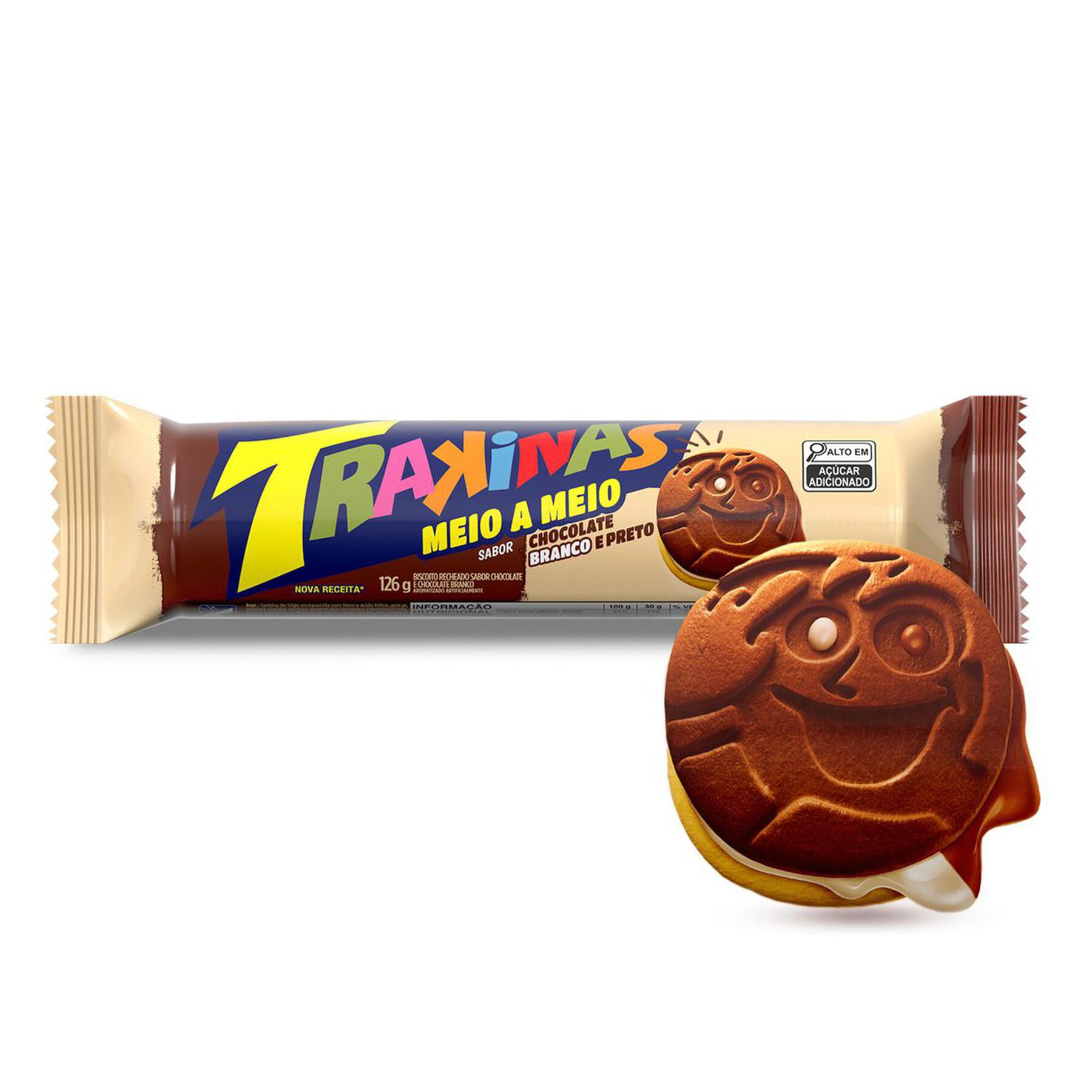 Biscoito Recheio Chocolate Branco e Preto Trakinas Meio a Meio Pacote 126g