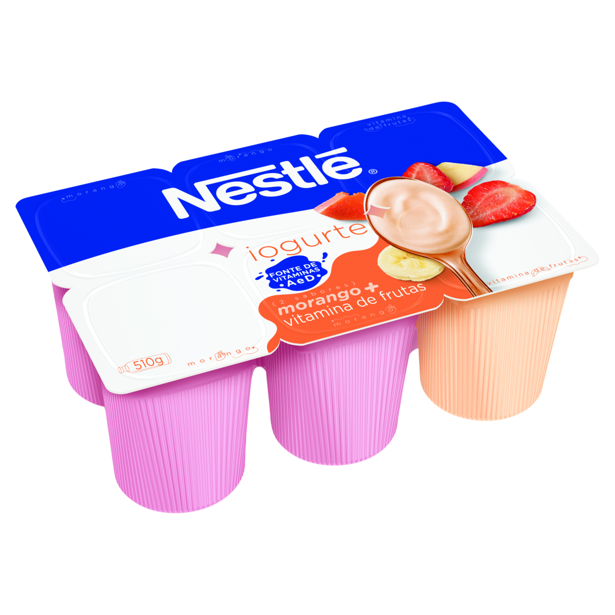 Iogurte Morango + Vitamina de Frutas Nestl&eacute; Bandeja 510g C/6 Unidades