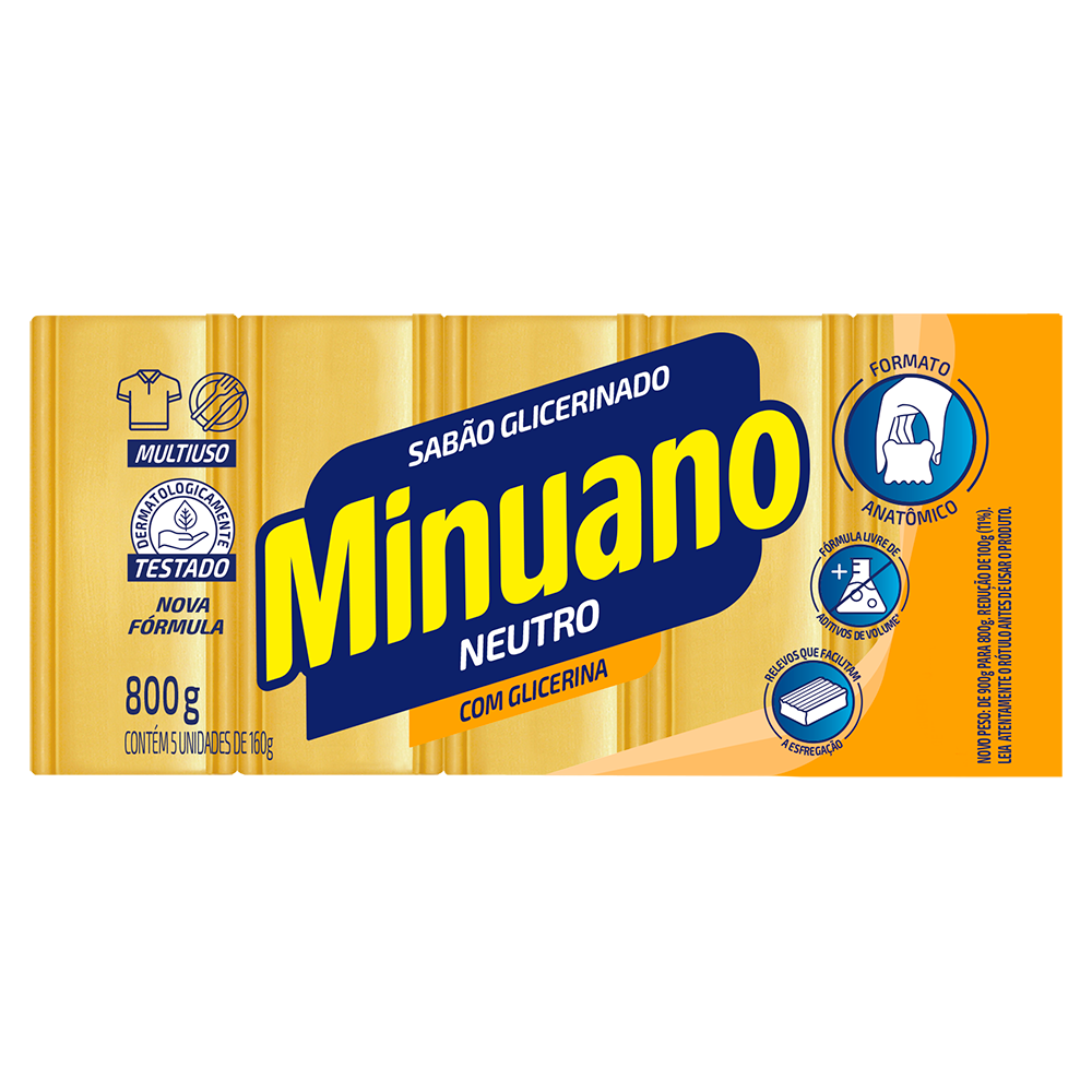 Sab&atilde;o em Barra Glicerinado Multiuso Neutro Minuano Pacote 800g C/5 Unidades