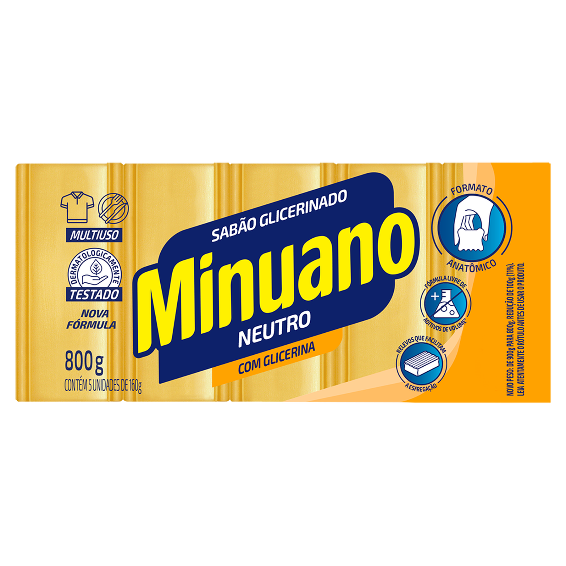 Sab&atilde;o em Barra Glicerinado Multiuso Neutro Minuano Pacote 800g C/5 Unidades