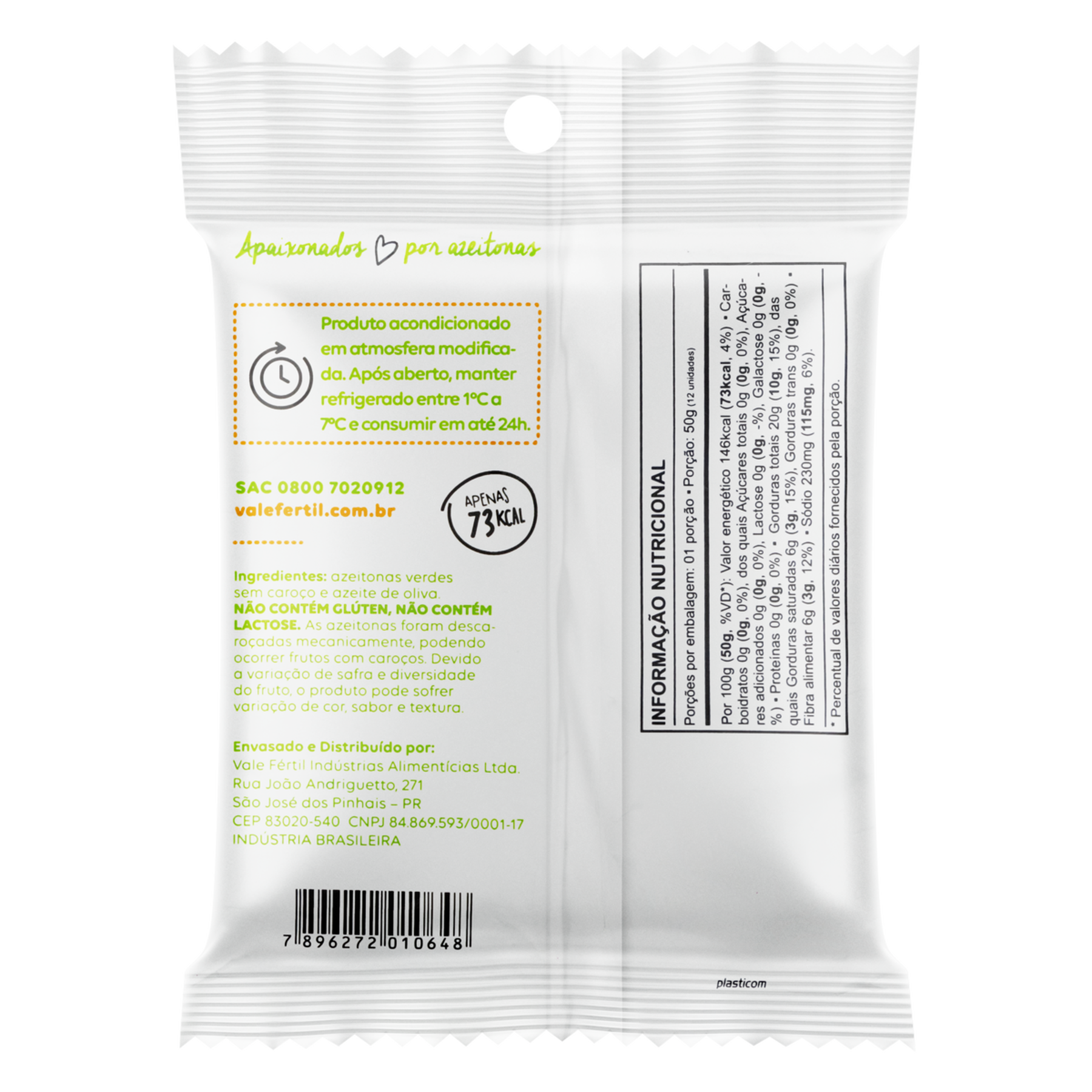 Snack de Azeitona Verde sem Caroço Natural Vale Fértil Oliv Pacote 50g