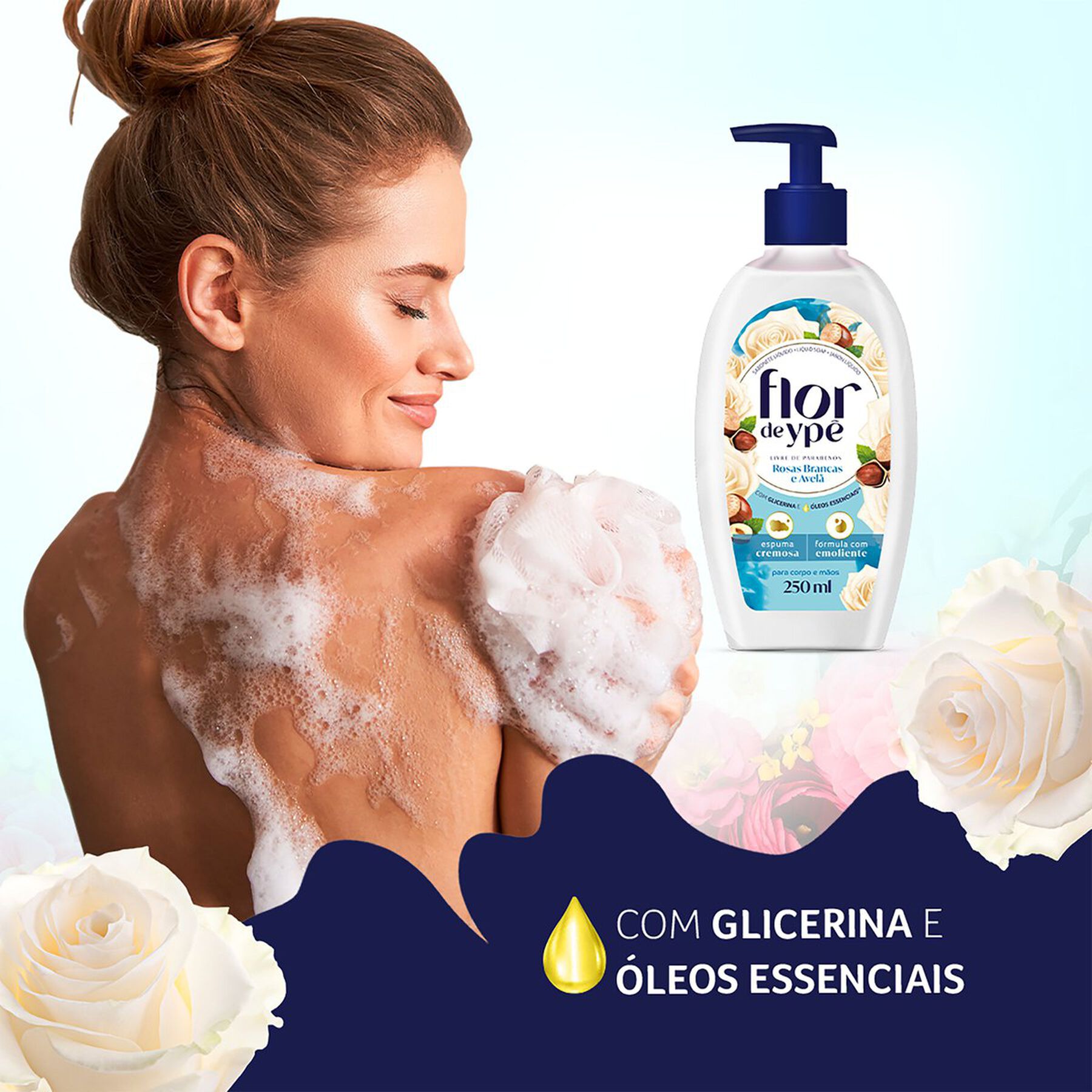 Sabonete Líquido Corpo e Mãos Rosas Brancas e Avelã Flor de Ypê Frasco Pump 250ml