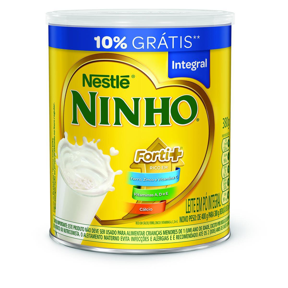 Leite em P&oacute; Integral Ninho Forti+ Nestl&eacute; Lata 380g - Embalagem 10% Gr&aacute;tis