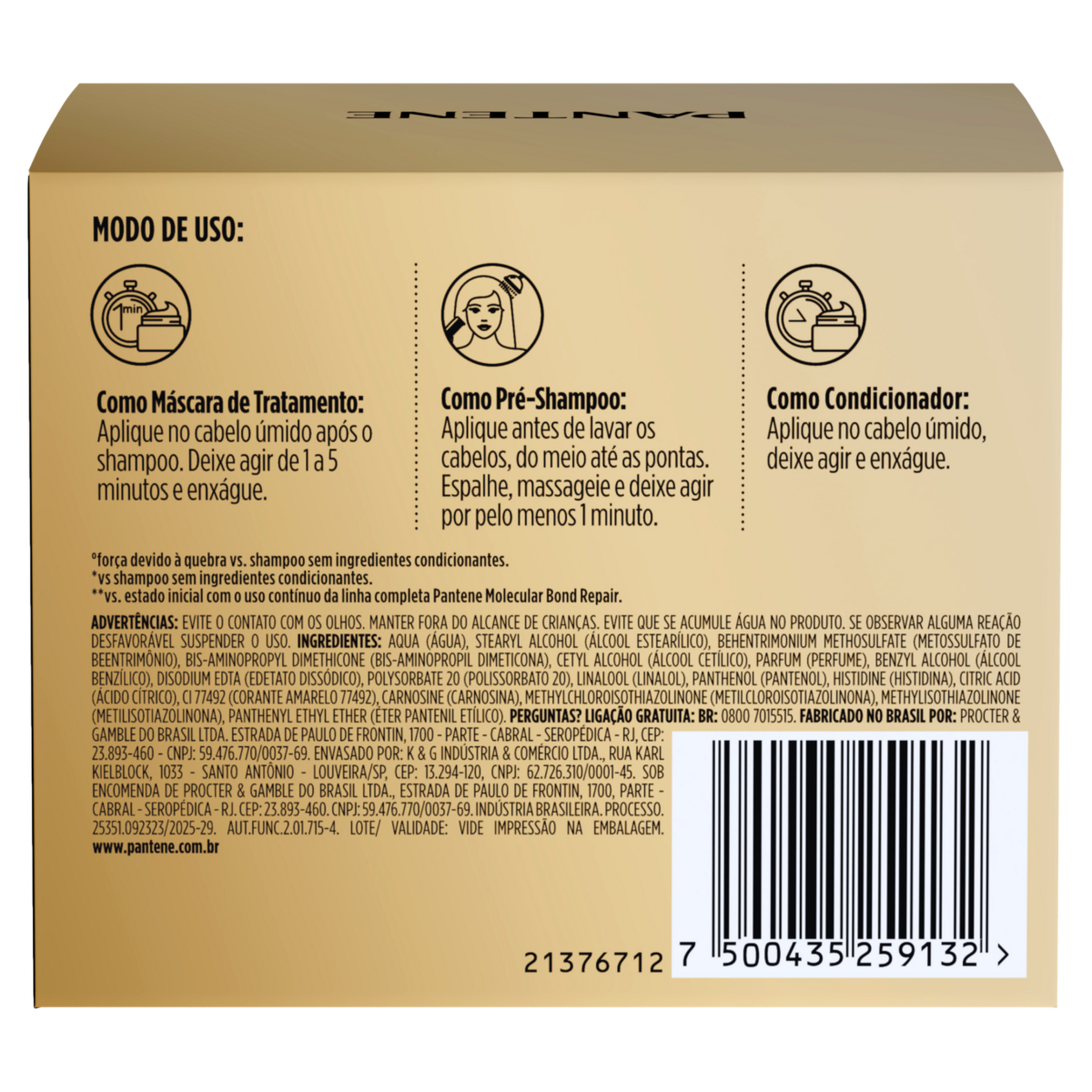M&aacute;scara Intensiva Reconstru&ccedil;&atilde;o Molecular Pantene Caixa 270ml