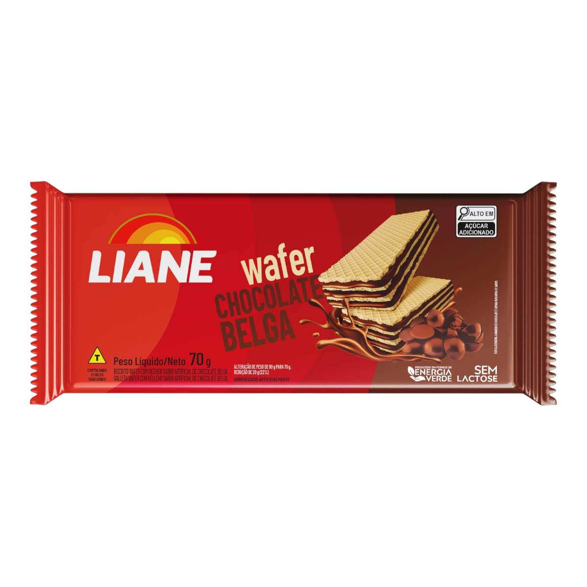 Biscoito Wafer Recheio Chocolate Belga Sem Lactose Liane Pacote 70g