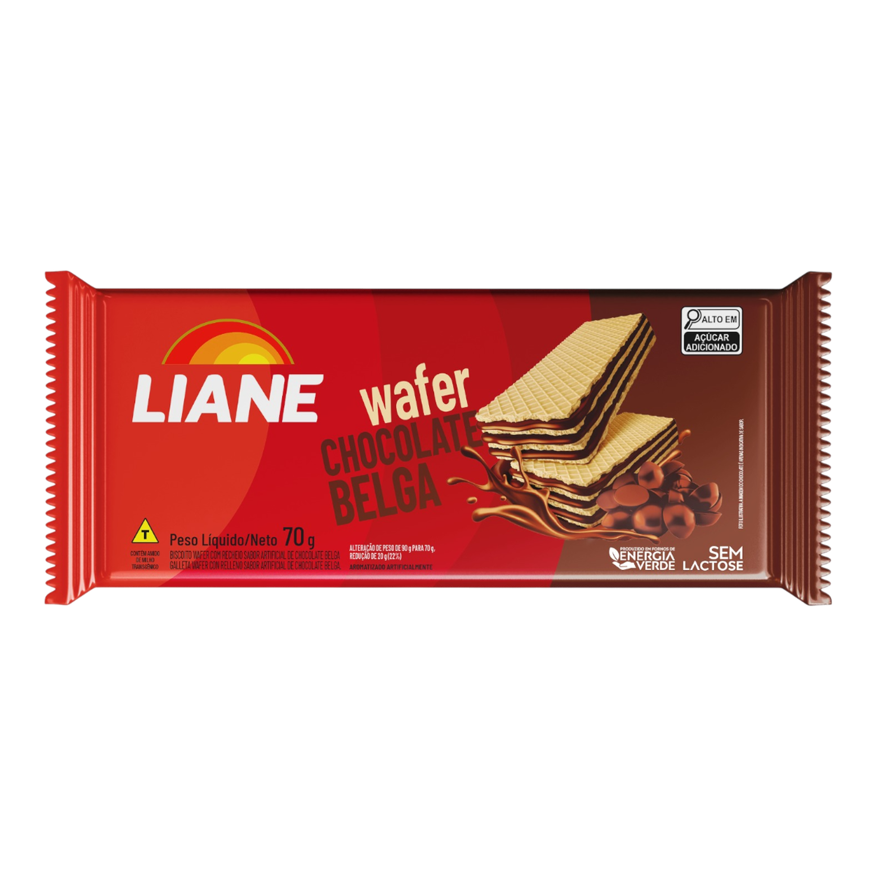 Biscoito Wafer Recheio Chocolate Belga Sem Lactose Liane Pacote 70g