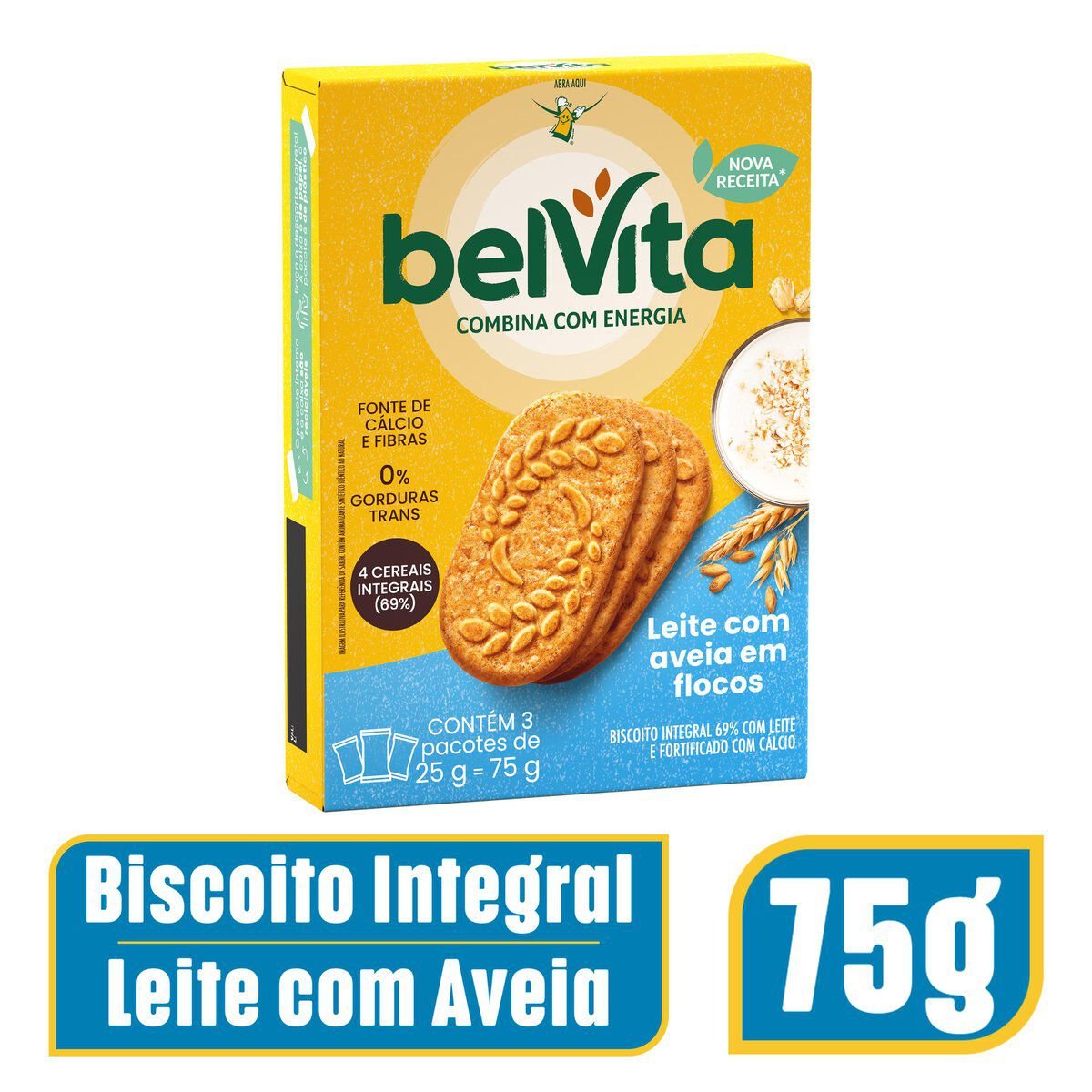 Biscoito Integral Leite com Gr&atilde;os de Aveia Belvita Caixa 75g 3 Unidades