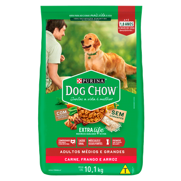 Alimento para Cães Adultos Raças Médias e Grandes Carne, Frango e Arroz Purina Dog Chow Extra Life Pacote 10,1kg