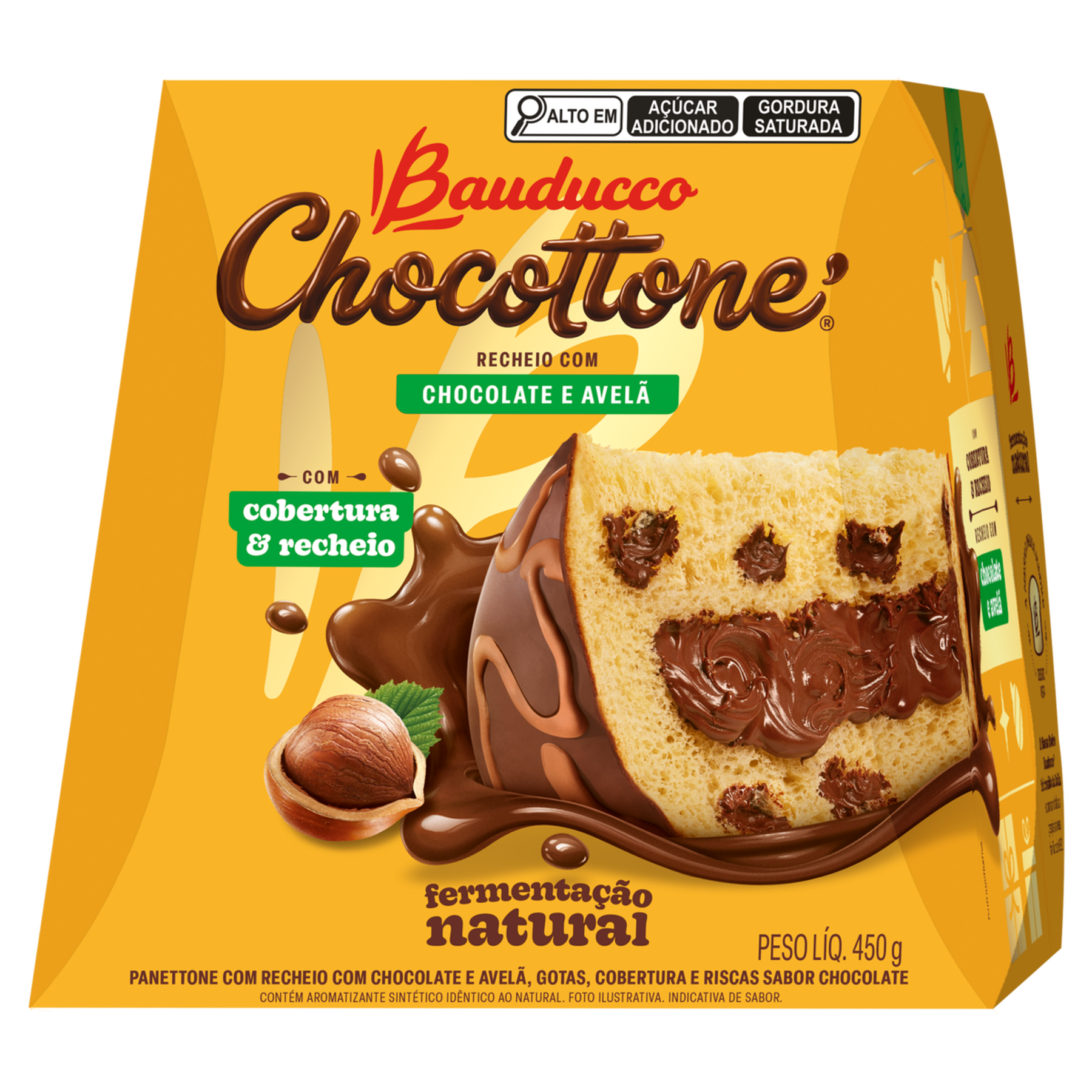 Panettone Recheio Chocolate com Avelã Cobertura e Gotas de Chocolate Chocottone Maxi Bauducco Caixa 450g